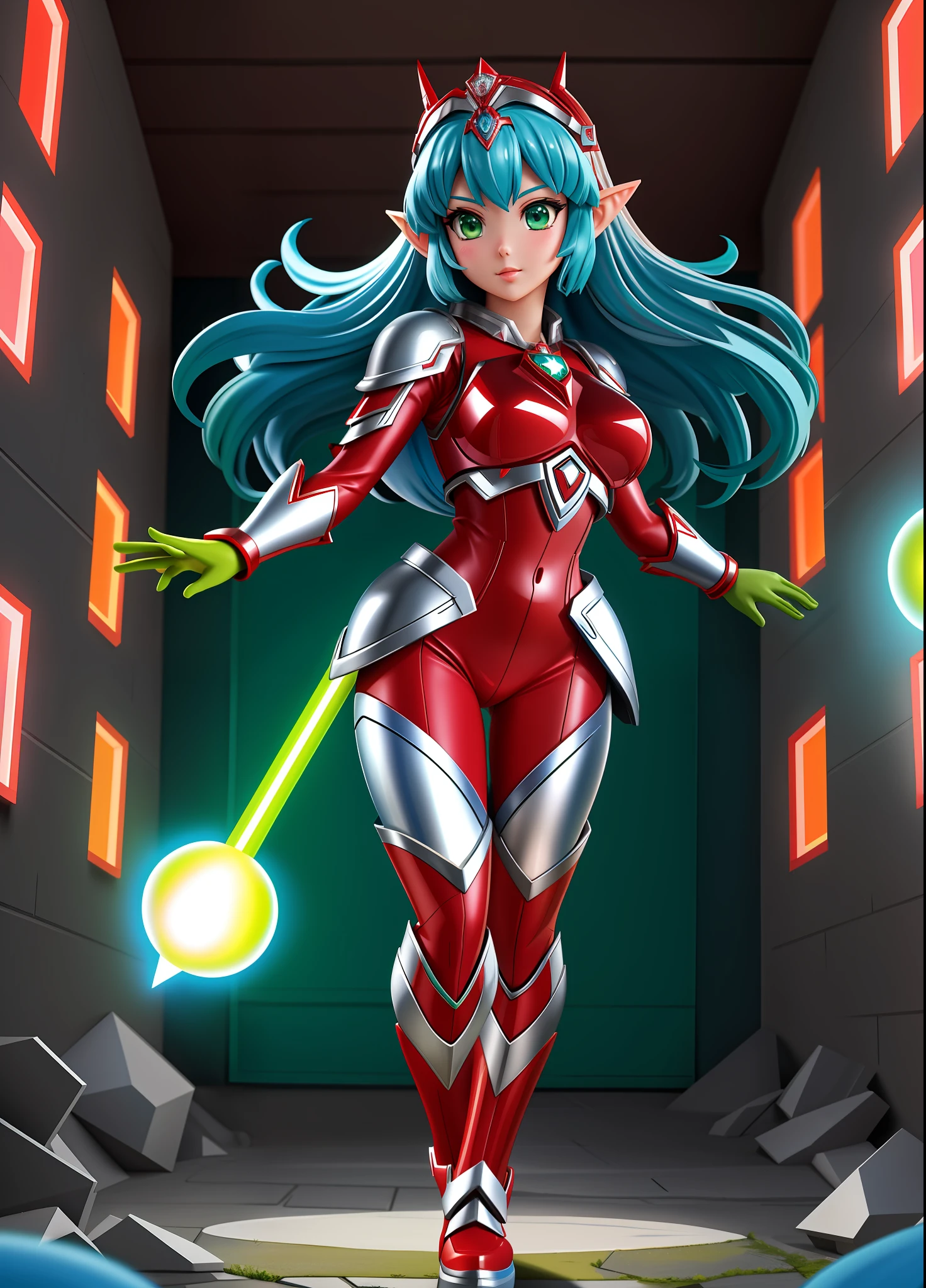 Full body image, standing, Princess Zelda giant, (red with silver costume:1.5), as Ultraman/Kamen Rider, immensely large breasts1, very tight body suit, heavy makeup on her face, light blue jewel on the breastplate, helmet on head, red lipstick on her mouth, (she green eyes:1.5, blue hair:1.5), Looking at the viewer from the front, she is in a futuristic city with several monsters attacking the buildings, Tokusatsu, Ultraman, anime style, cinematic lighting, 16k, UHD, masterpiece, best quality, high details