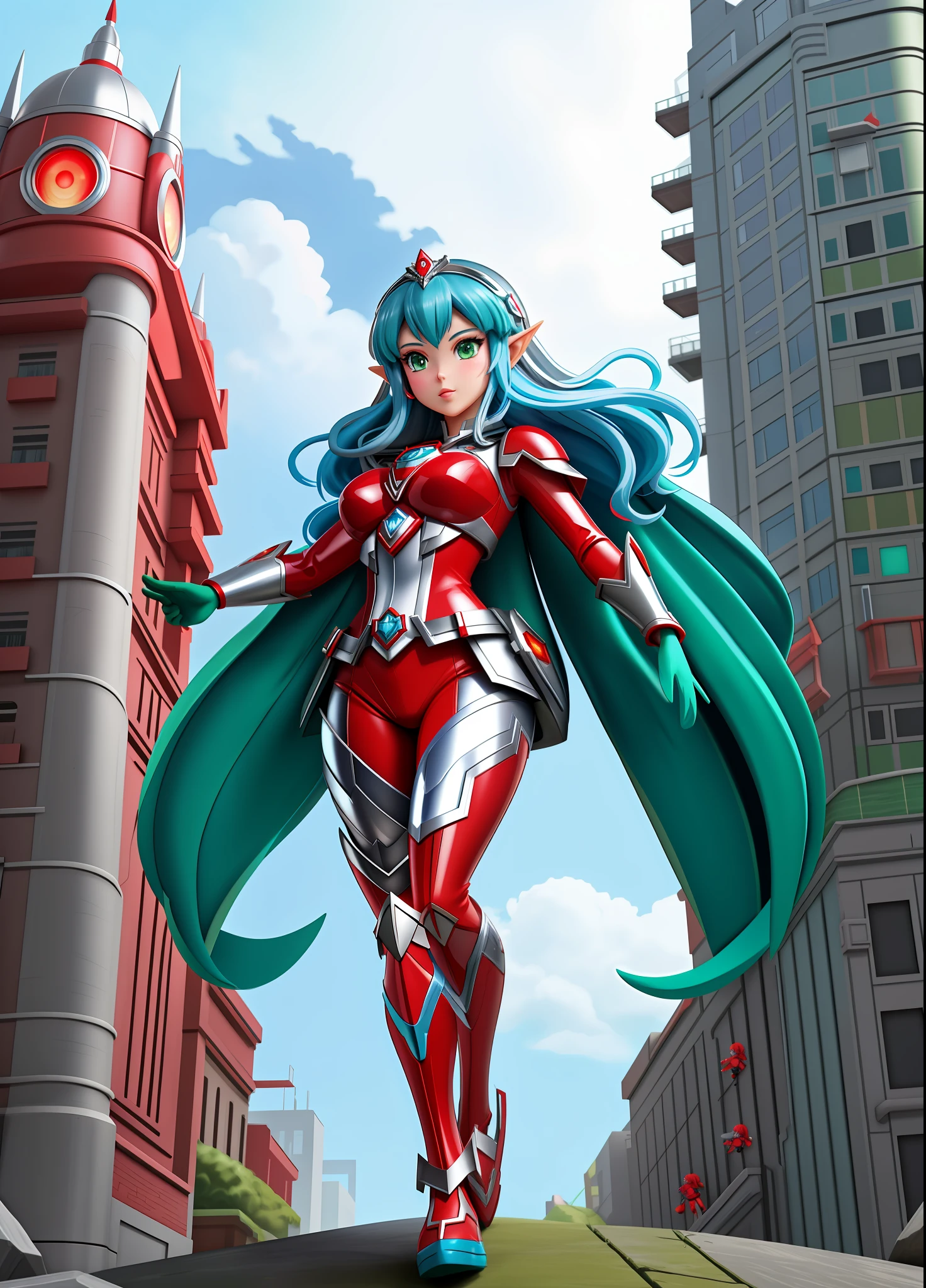 Full body image, standing, Princess Zelda giant, (red with silver costume:1.5), as Ultraman/Kamen Rider, immensely large breasts1, very tight body suit, heavy makeup on her face, light blue jewel on the breastplate, helmet on head, red lipstick on her mouth, (she green eyes:1.5, blue hair:1.5), Looking at the viewer from the front, she is in a futuristic city with several monsters attacking the buildings, Tokusatsu, Ultraman, anime style, cinematic lighting, 16k, UHD, masterpiece, best quality, high details