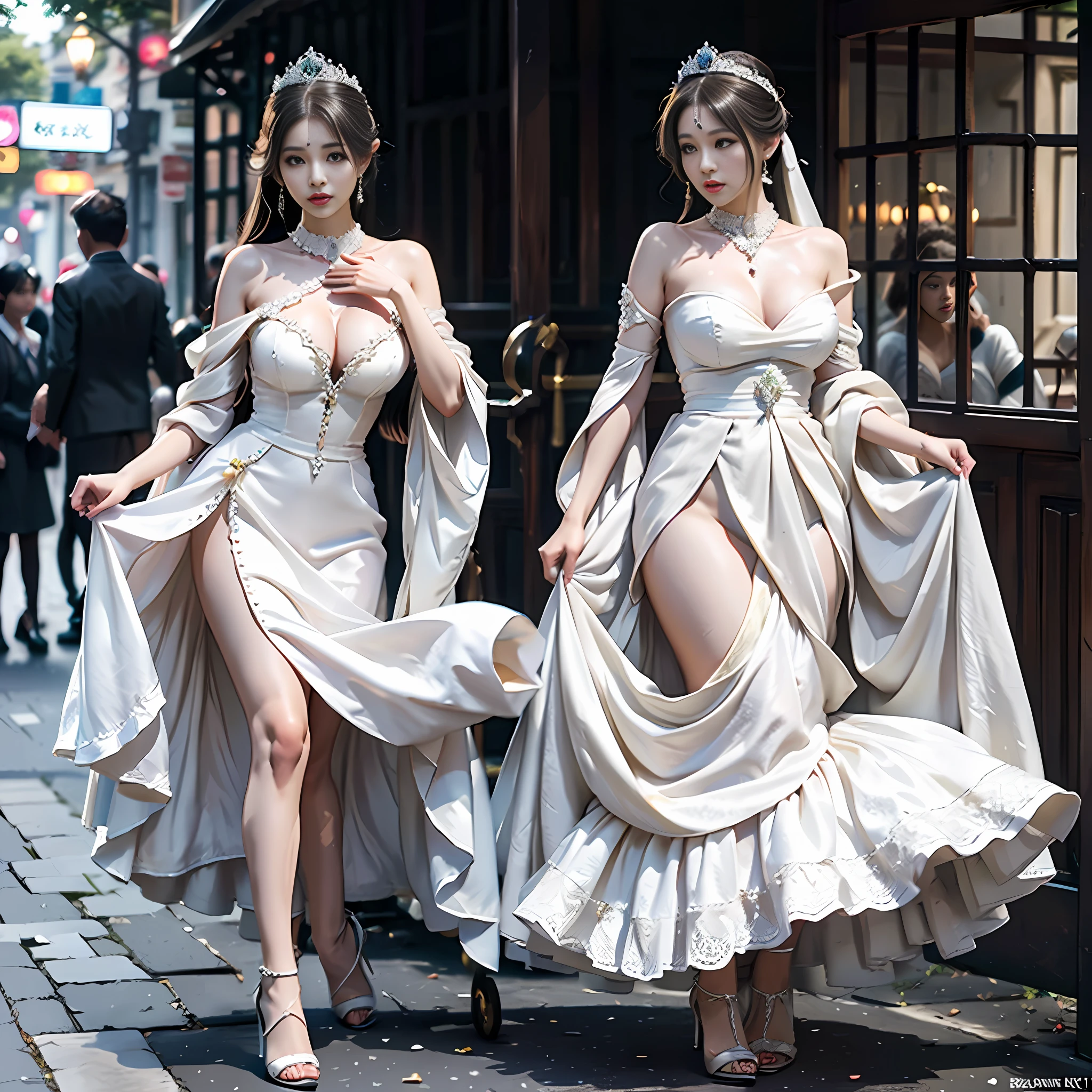 Fallen princess, pulling a rickshaw, vigorous royal pearl jewelry, princess crown, light white light evening dress, pearl high heels, long white stockings, stilet heels, big breasts, white skin, 8k, humiliated, spurned