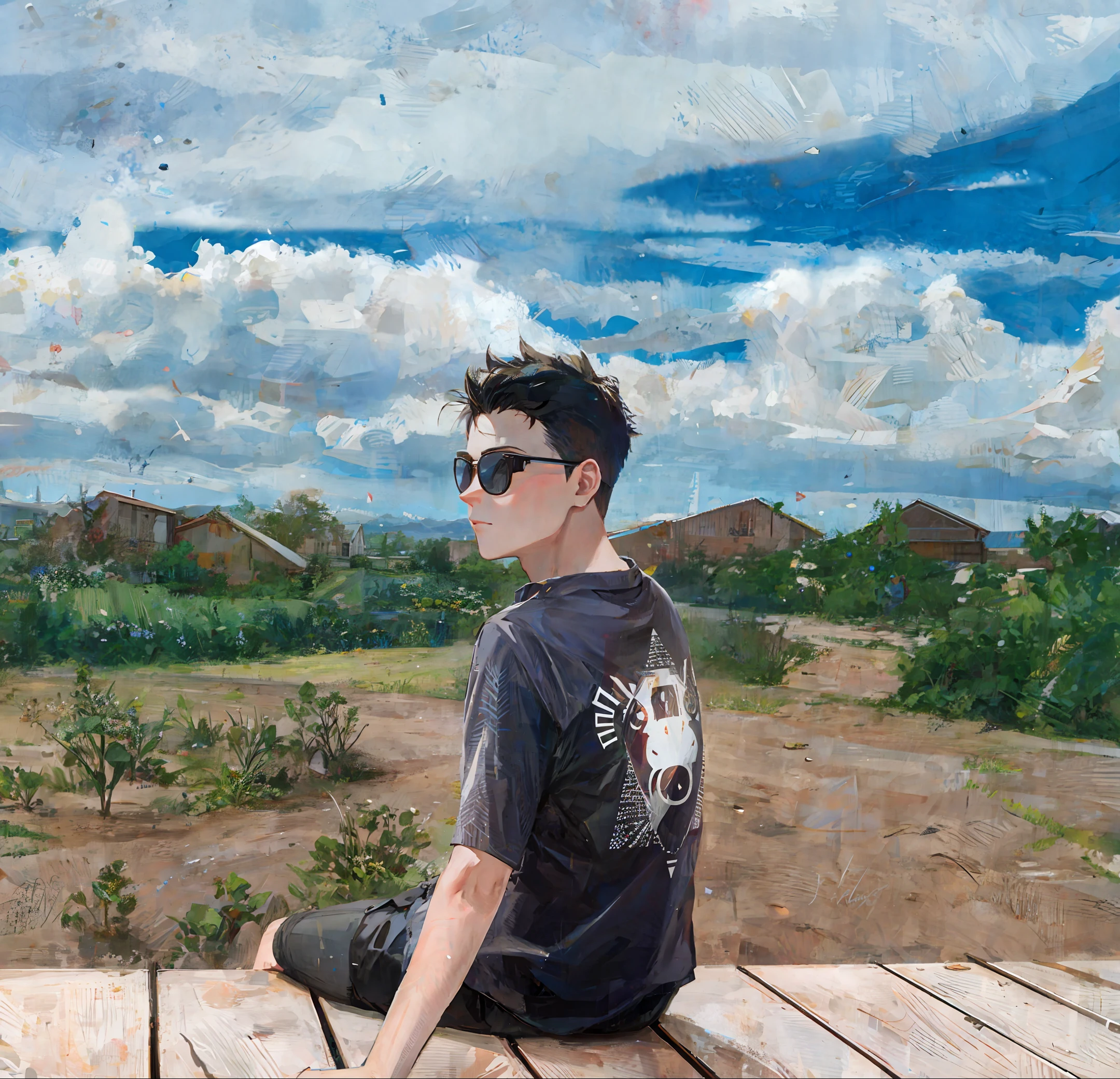 Portrait man sitting at the table expressionism