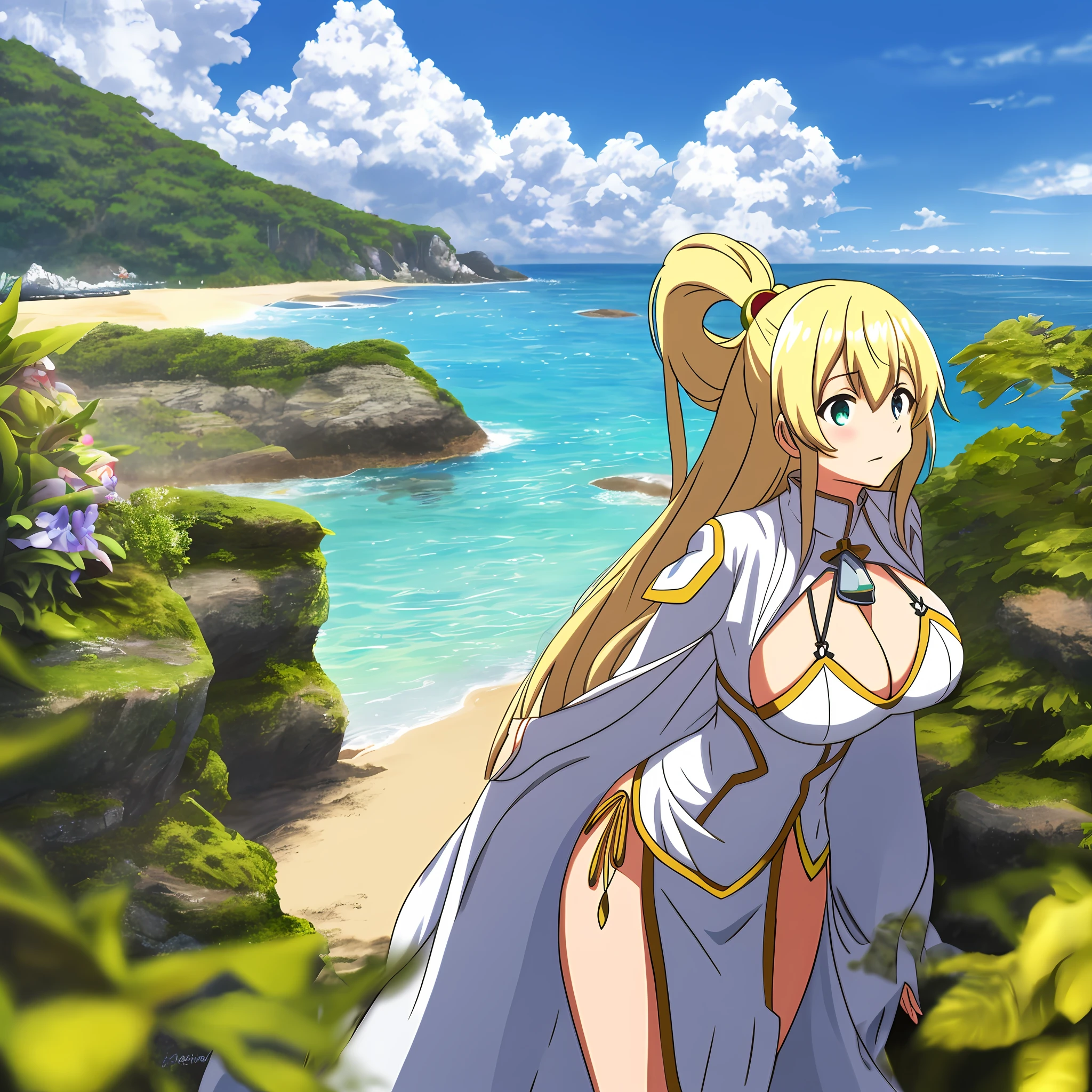 Konosuba, Lalatina, full body, big boobs, white bikini, sexy face, vision, magnificent, artwork, beach landscape.