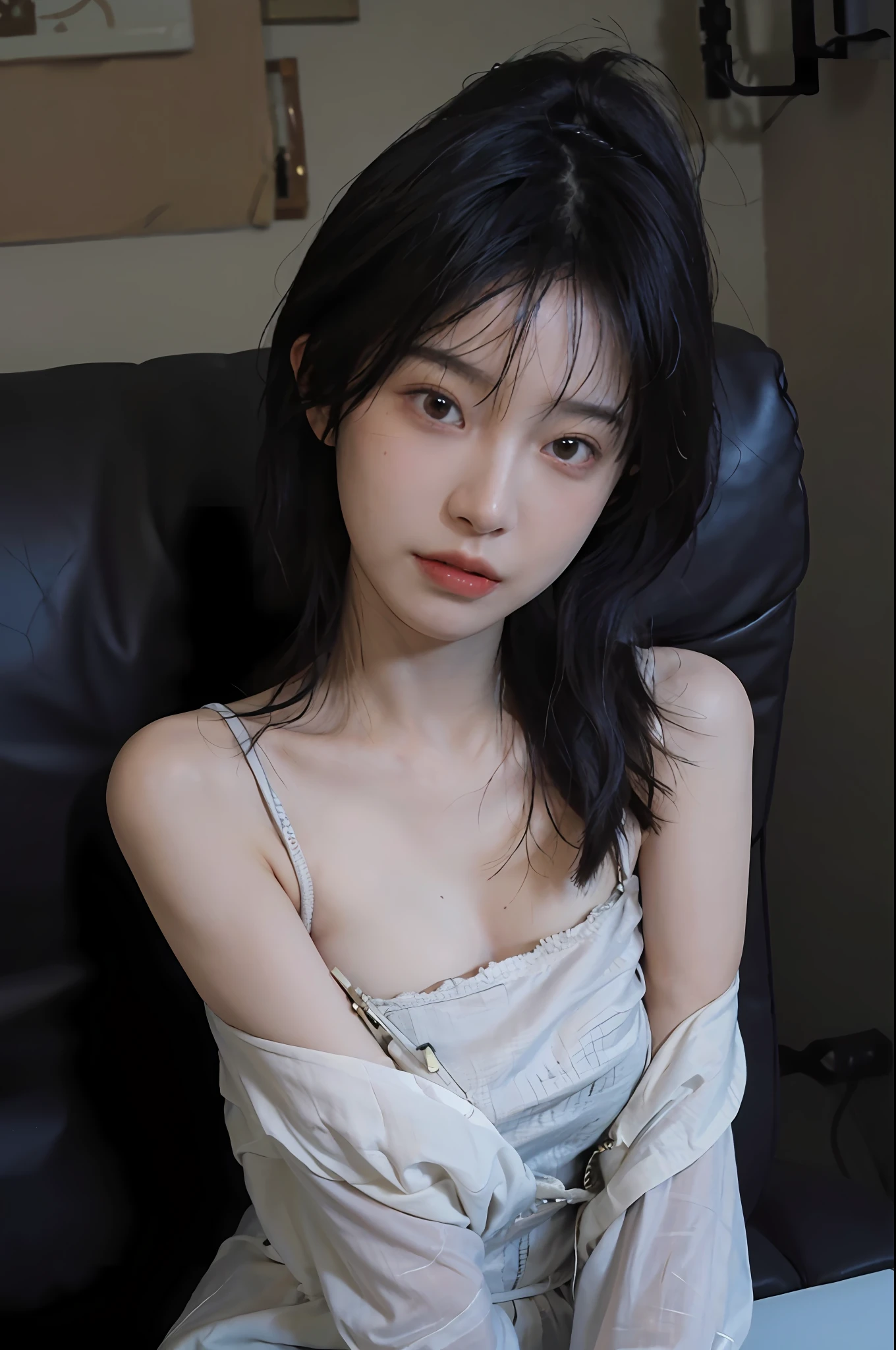 8K, Best Quality, Masterpiece, Ultra High Resolution, (Realism: 1.4), Original Photo, (True Skin Texture: 1.3), (Film Grain: 1.3), (Selfie Angle), 1 Girl, Beautiful Eyes and Face Details, Skin Details, Big Breasts, Thin Waist, Masterpiece, Best Quality, Close-up, Upper Body,