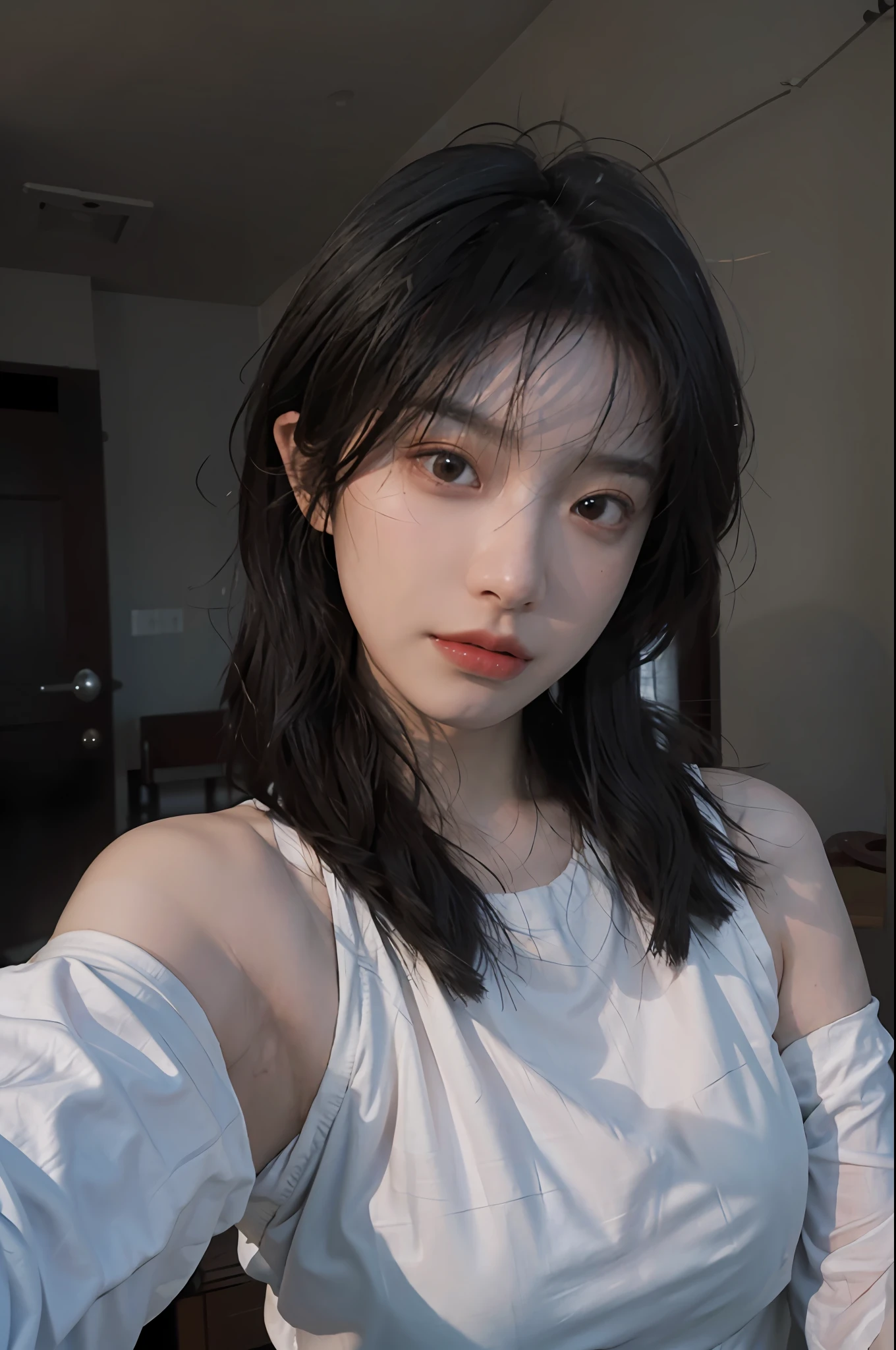 8K, Best Quality, Masterpiece, Ultra High Resolution, (Realism: 1.4), Original Photo, (True Skin Texture: 1.3), (Film Grain: 1.3), (Selfie Angle), 1 Girl, Beautiful Eyes and Face Details, Skin Details, Big Breasts, Thin Waist, Masterpiece, Best Quality, Close-up, Upper Body,