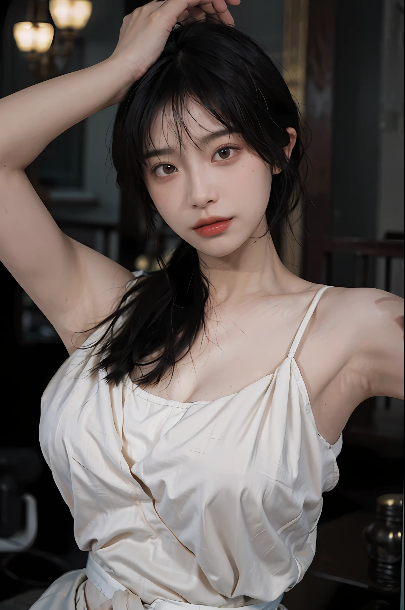 8K, Best Quality, Masterpiece, Ultra High Resolution, (Realism: 1.4), Original Photo, (True Skin Texture: 1.3), (Film Grain: 1.3), (Selfie Angle), 1 Girl, Beautiful Eyes and Face Details, Skin Details, Big Breasts, Thin Waist, Masterpiece, Best Quality, Close-up, Upper Body,