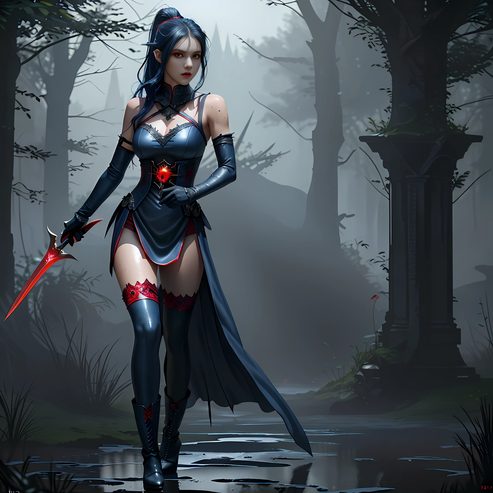 Perfect waist cut, Large breasts, Warrior girl with a small short sword on hand, Skimpy organza clothes ,dark blue hair with red highlights, (perfect nose), Seductive gaze, dark blue boots on high heels with red highlights, (Best Illustration), 8k Resolution, Intricate Details, Best Quality, Realistic, Ultra Detailed, Best Lighting, Best Shadows, Ultra HD, A Necromancer style, Night, Magic, Dark Style, Vampire, (shining red eyes:1.6), masterpiece, high_res, Beautiful face, tyndall effect, photo realistic, (high detailed skin:1.2), 8k uhd, dslr, high quality, Photograph, high resolution, 4k, 8k, Bokeh, absurdres, ponytail contorted, best ratio four finger and one thumb, front view, dark blue hair gorgeous, perfect proportional skinny fitness body, full body view, wet skin, wet clothes, dark cathedral baground scenery, huge bobs, belly muscle, long fit perfect legs, fishnet dark red Stockings