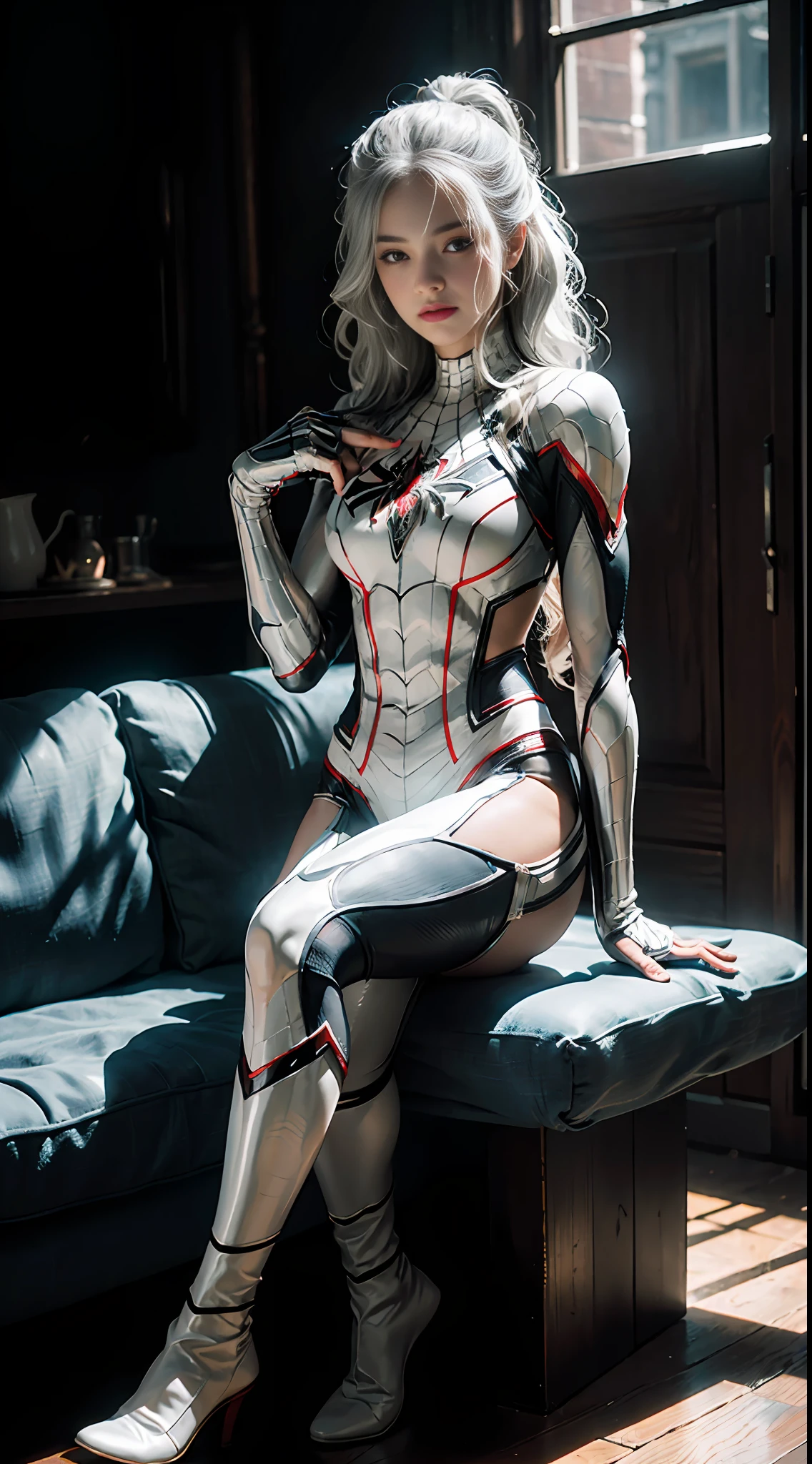 (Extreme Detail CG Unity 8K wallpaper, masterpiece, highest quality), (Exquisite lighting and shadow, highly dramatic picture, Cinematic lens effect), a girl in a white Spider-Man costume, silver gray hair color, from the Spider-Man parallel universe, Wenger, Marvel, Spider-Man, sitting on the couch, dynamic pose), (excellent detail, excellent lighting, wide angle), (excellent rendering, enough to stand out in its class), focus on white Spider-Man costumes, complex spider textures