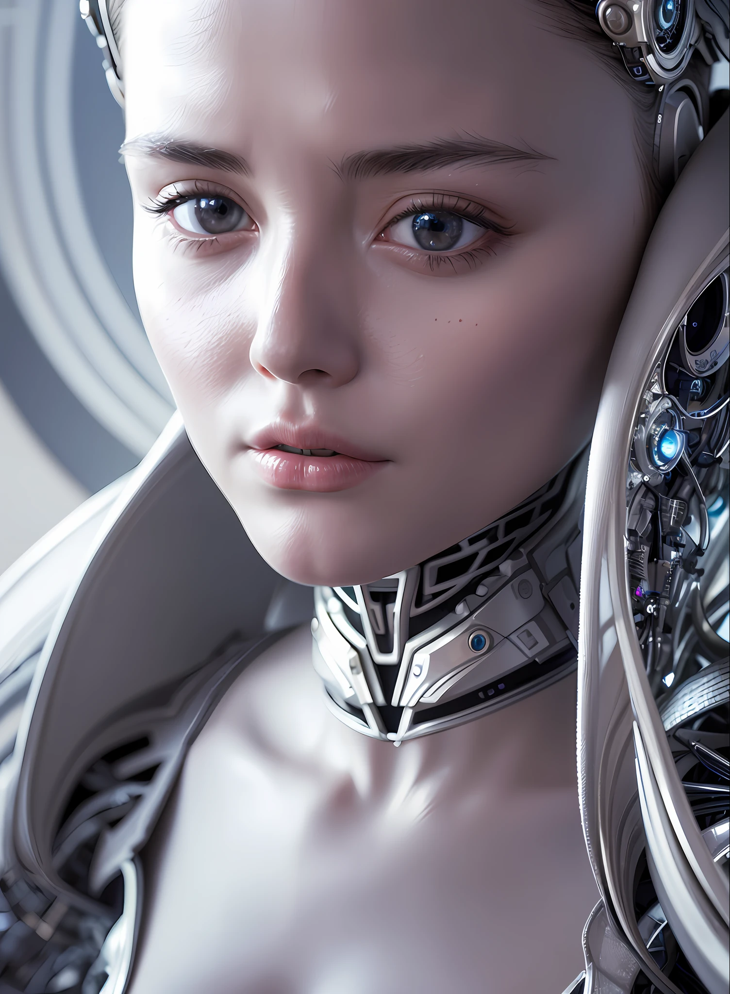 complex 3d render ultra detailed of a beautiful porcelain profile woman android face, cyborg, robotic parts, 150 mm, beautiful studio soft light, rim light, vibrant details, luxurious cyberpunk, lace, hyperrealistic, anatomical, facial muscles, cable electric wires, microchip, elegant, beautiful background, octane render, H. R. Giger style, 8k, best quality, masterpiece, illustration, an extremely delicate and beautiful, extremely detailed ,CG ,unity ,wallpaper, (realistic, photo-realistic:1.37),Amazing, finely detail, masterpiece,best quality,official art, extremely detailed CG unity 8k wallpaper, absurdres, incredibly absurdres, , robot, silver halmet, full body, sitting