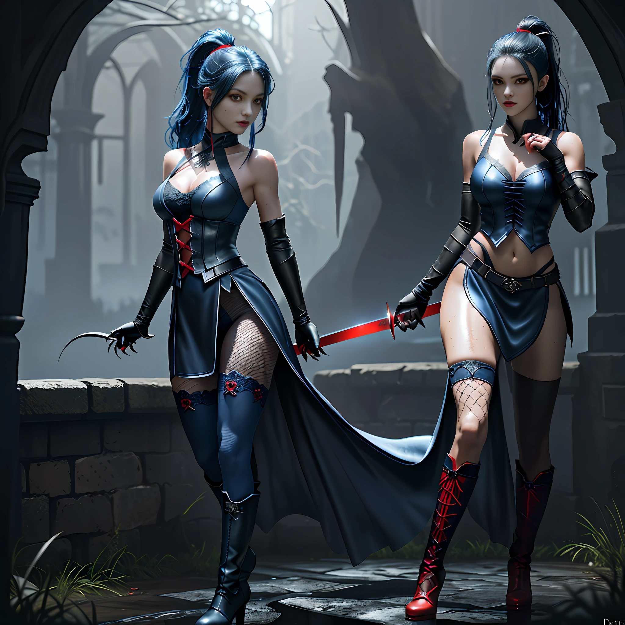 Perfect waist cut, Large breasts, Warrior girl with a small short sword on hand, Skimpy organza clothes ,dark blue hair with red highlights, (perfect nose), Seductive gaze, dark blue boots on high heels with red highlights, (Best Illustration), 8k Resolution, Intricate Details, Best Quality, Realistic, Ultra Detailed, Best Lighting, Best Shadows, Ultra HD, A Necromancer style, Night, Magic, Dark Style, Vampire, (shining red eyes:1.6), masterpiece, high_res, Beautiful face, tyndall effect, photo realistic, (high detailed skin:1.2), 8k uhd, dslr, high quality, Photograph, high resolution, 4k, 8k, Bokeh, absurdres, ponytail contorted, best ratio four finger and one thumb, front view, dark blue hair gorgeous, perfect proportional skinny fitness body, full body view, wet skin, wet clothes, dark cathedral baground scenery, huge bobs, belly muscle, long fit perfect legs, fishnet dark red Stockings