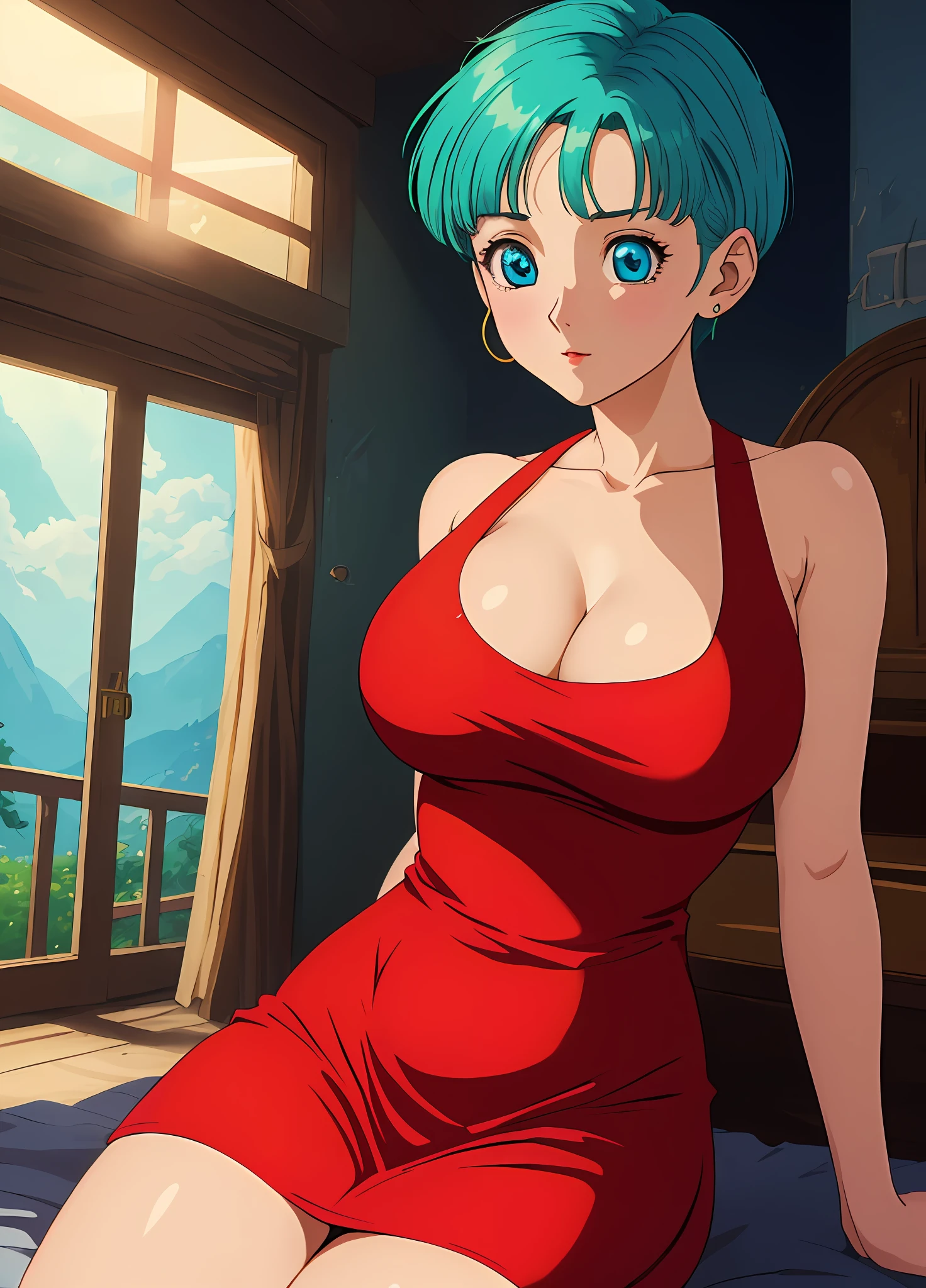 masterpiece, best quality, highest quality, (perfect illumination:1.4), (photorealistic), perfect anatomy, perfect face, perfect eyes, 
 bulmadbzreddress, aqua hair, Bulma holding her pamties , erotic , seductive , large breast , sexy thighs , nsfw