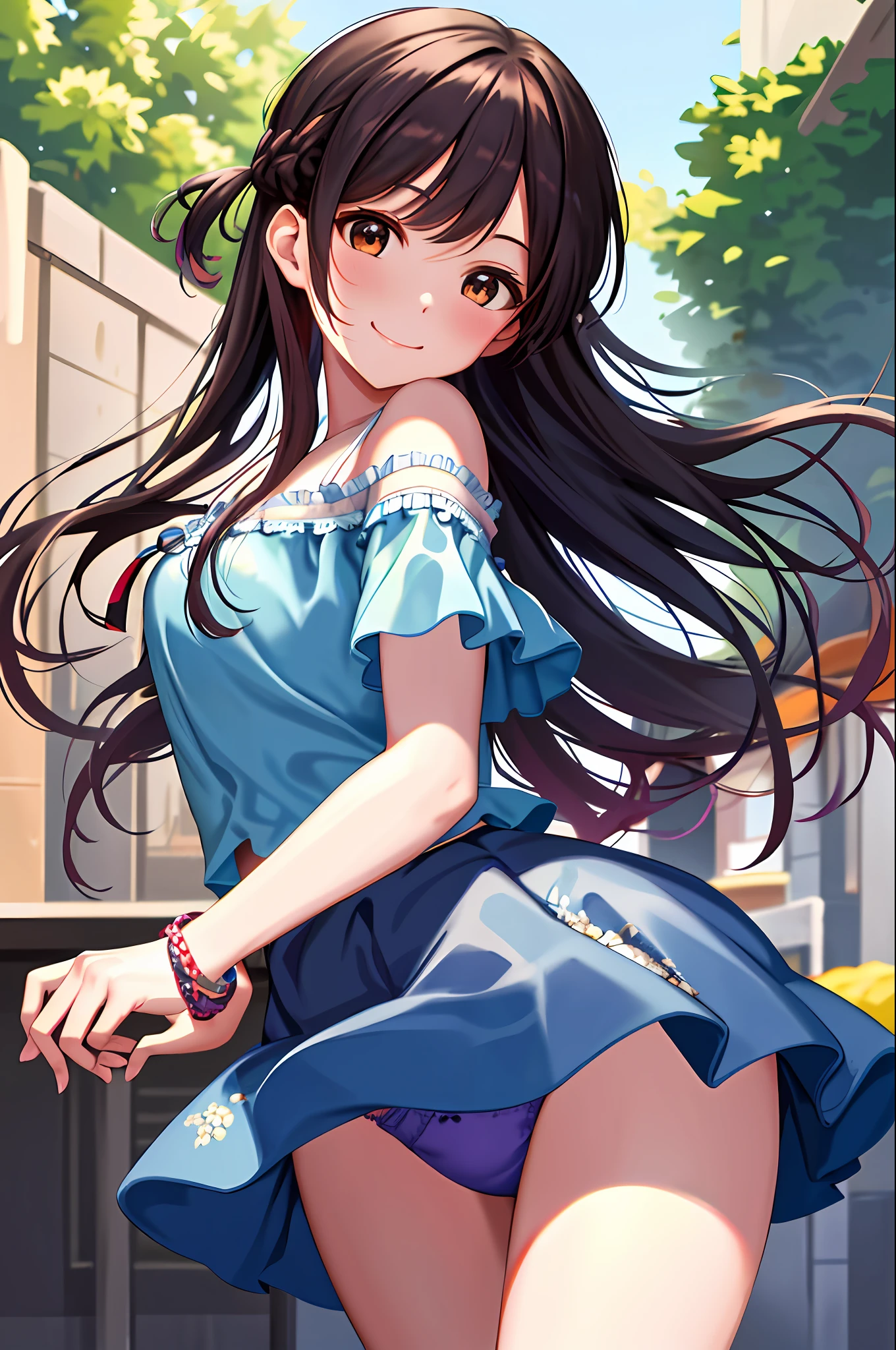 masterpiece, top quality, high resolution, chi1, girl one, long hair, one side up, solo, bracelet, bangs, bare shoulders, blue shirt, floral, short sleeve, off-shoulder shirt, ruffles, blue skirt, ((panties from front))), cowboy shot, smile,