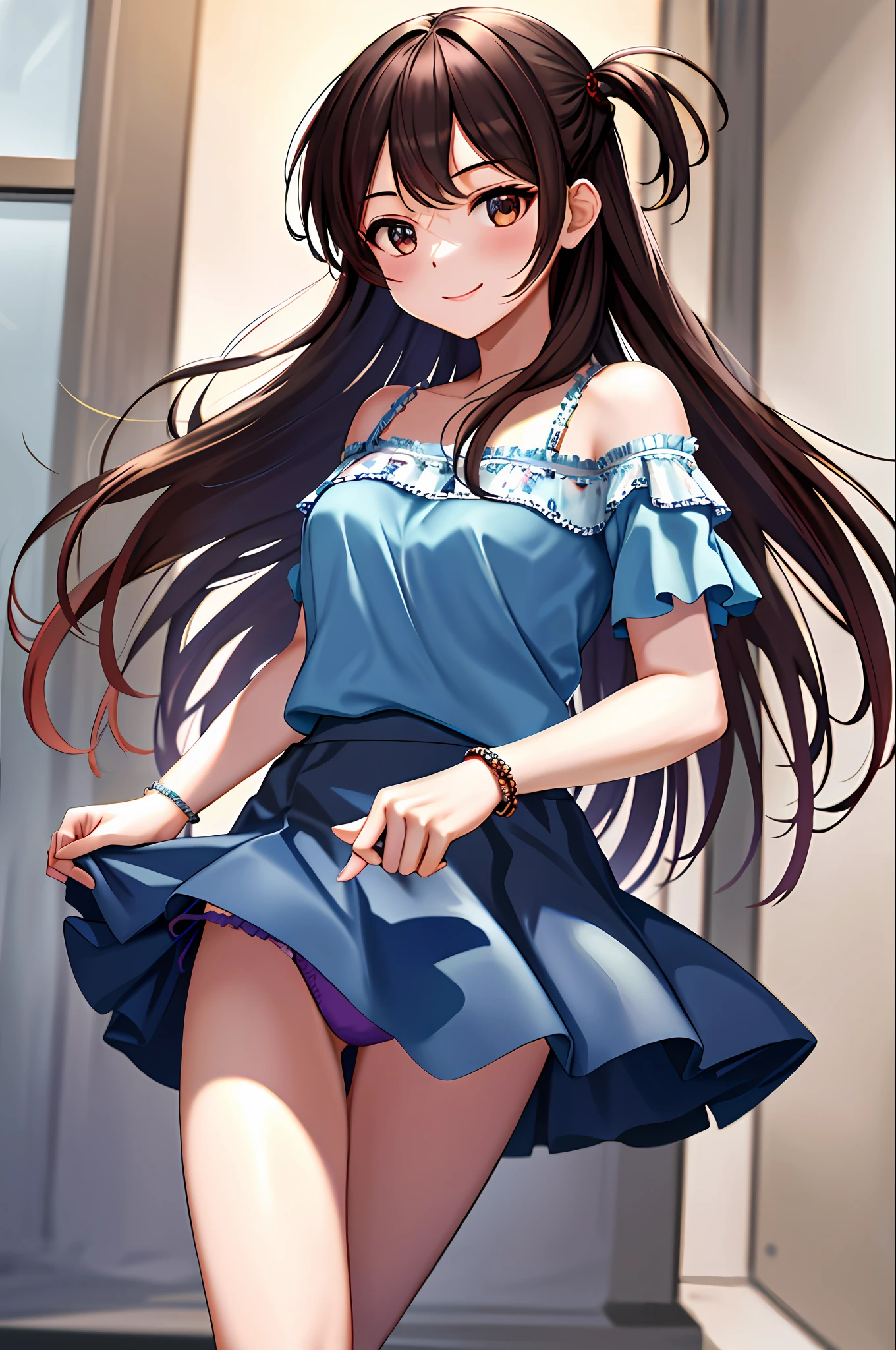 masterpiece, top quality, high resolution, chi1, girl one, long hair, one side up, solo, bracelet, bangs, bare shoulders, blue shirt, floral, short sleeve, off-shoulder shirt, ruffles, blue skirt, ((panties from front))), cowboy shot, smile,