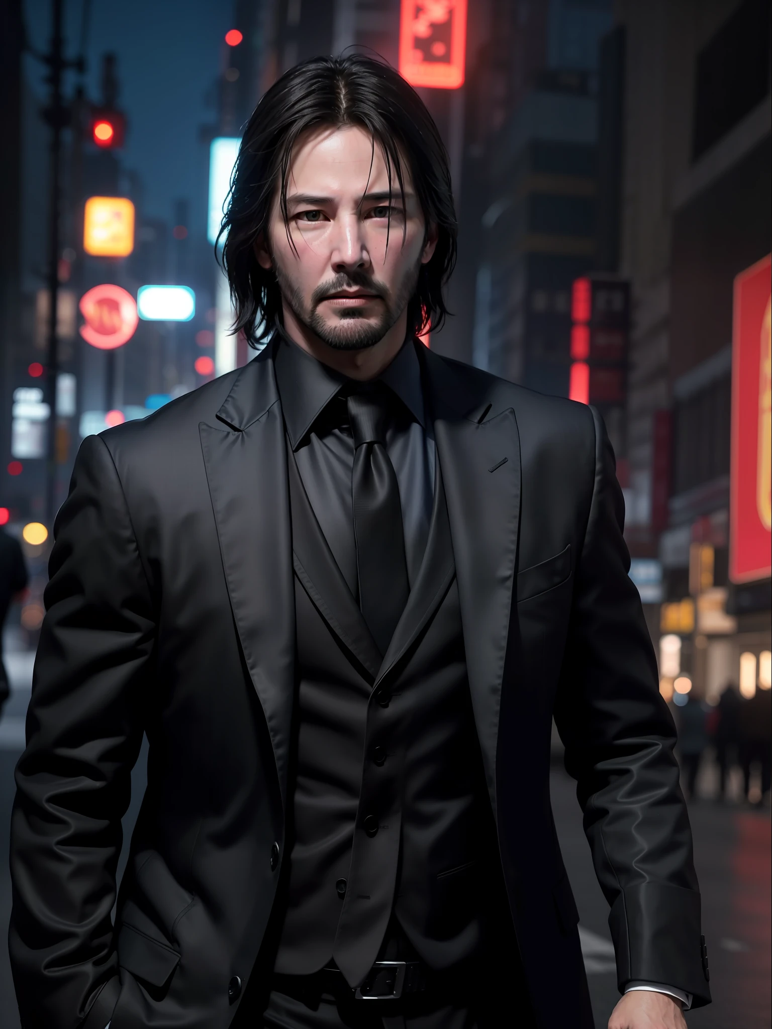 Best quality, masterpiece, ultra high res, (photorealistic:1.4), raw photo, Handsome Keanu Reeves as John Wick, cyberpunk night backdrop