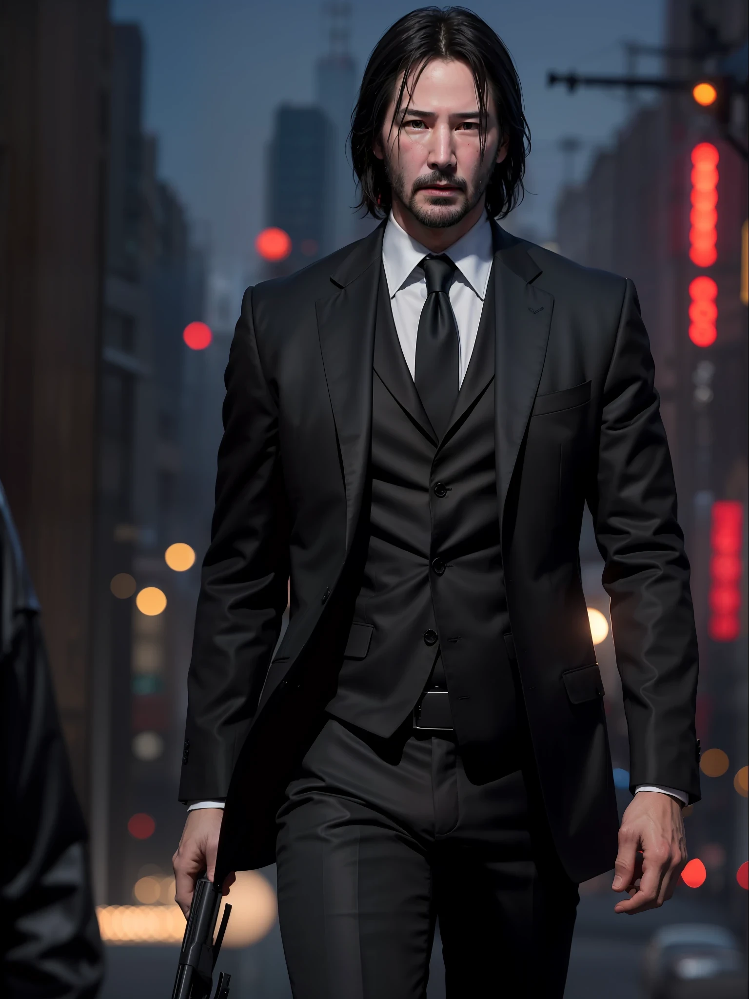 Best quality, masterpiece, ultra high res, (photorealistic:1.4), raw photo, Handsome Keanu Reeves as John Wick, cyberpunk night backdrop