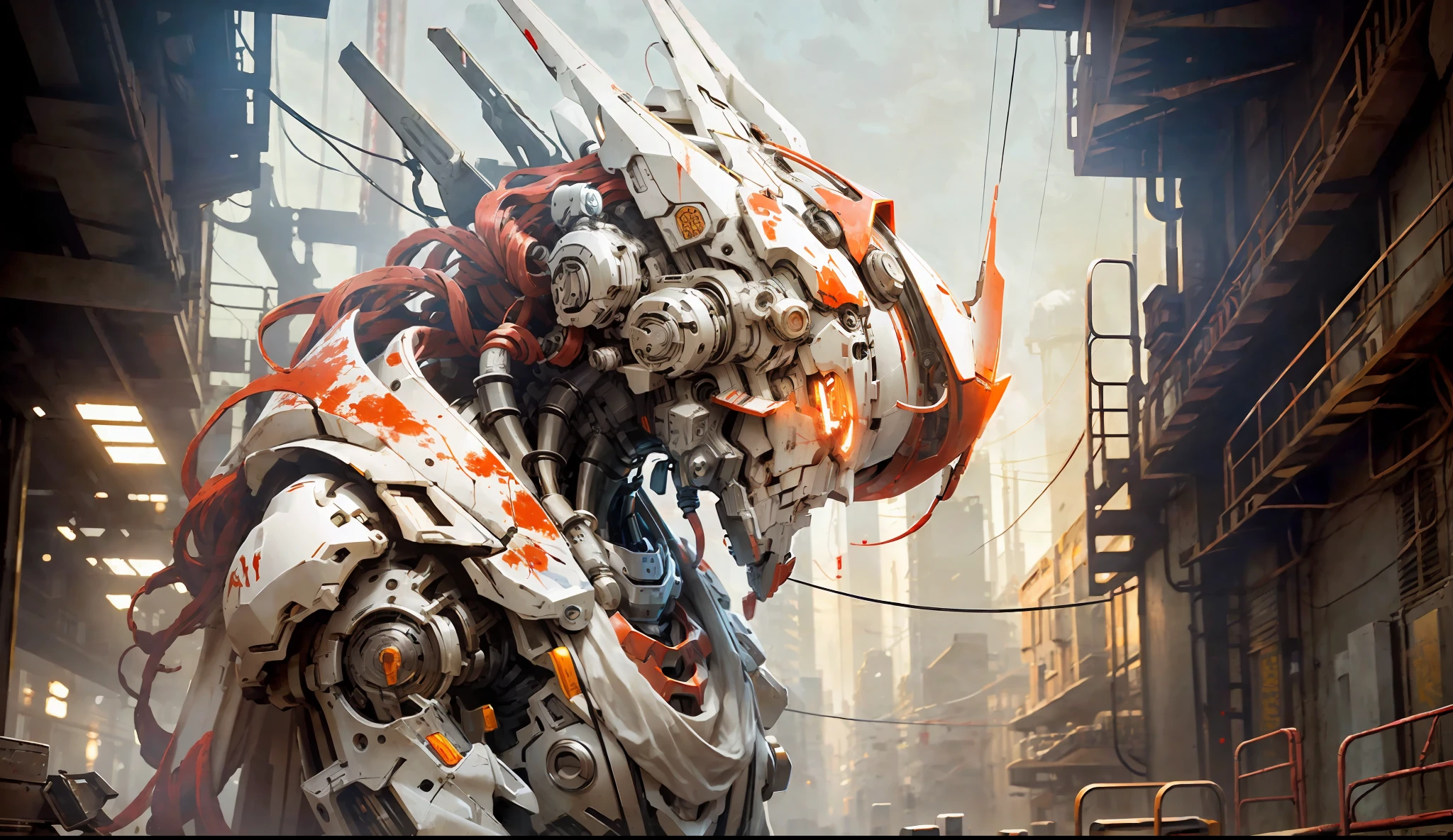 woman inside a huge bulky exoskeleton robot , ((bulky)) armor, mecha, ink, clean lines, negative space, high contrast, gradient color,(((masterpiece))), ((best quality)), (ultra-detailed), (CG illustration), (an extremely devious and beautiful)), cinematic light, ((mechanical girl)), single, (machine-made joints: 1.4), ((mechanical limbs)), ( blood vessels attached to the tube), ((mechanical cervical vertebrae attached to the neck), (wires and cables attached to the head and body: 1.5), city ruin scenery, dynamic pose, dynamic light, white and red color, dawn time, dawn light, dawn scenery