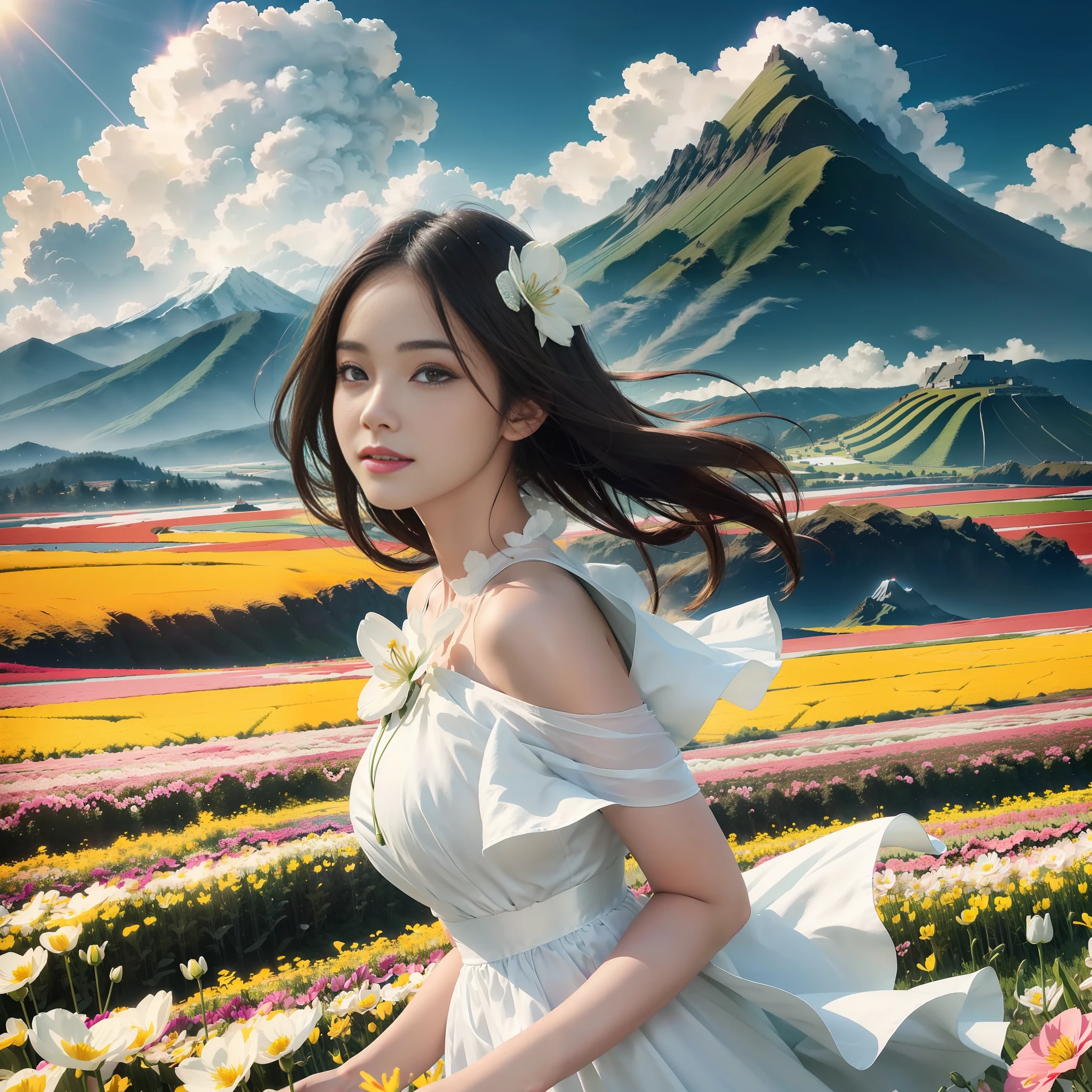 1girl, dynamic angle, cloud and mountain, (flower field:1.4) in the foreground, white dress, light tracing, (floating colorful wind:1)
(photorealistic:1.4), official art, unity 8k wallpaper, ultra detailed, beautiful and aesthetic, masterpiece,best quality, glowing skin, cinematic lighting, light smile