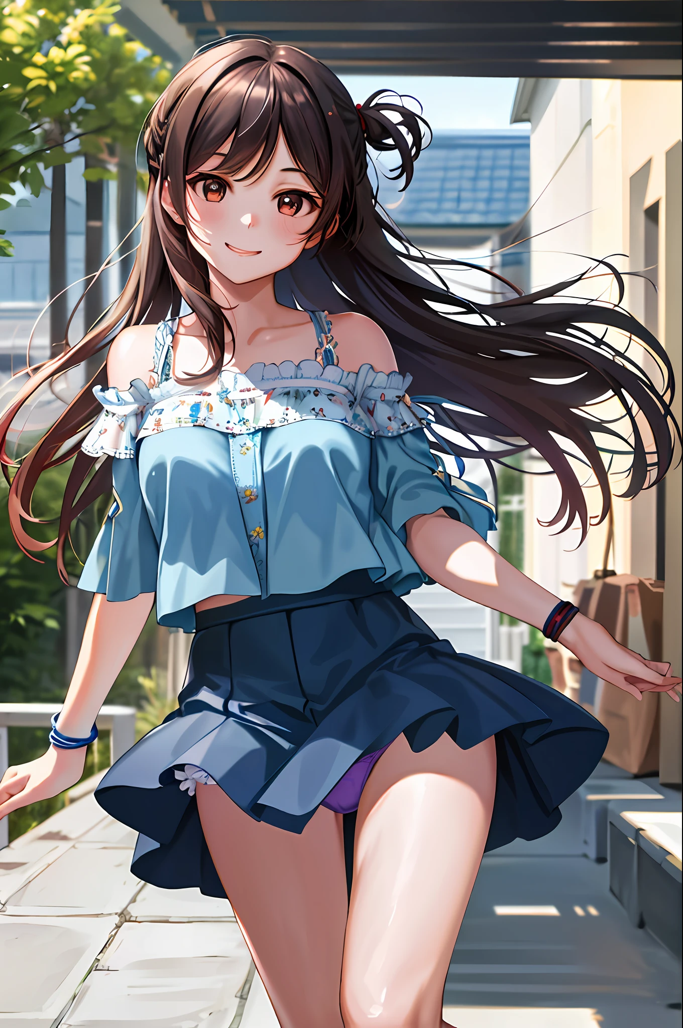 masterpiece, top quality, high resolution, chi1, girl one, long hair, one side up, solo, bracelet, bangs, bare shoulders, blue shirt, floral, short sleeve, off-shoulder shirt, ruffles, blue skirt, ((panties from front))), cowboy shot, smile,