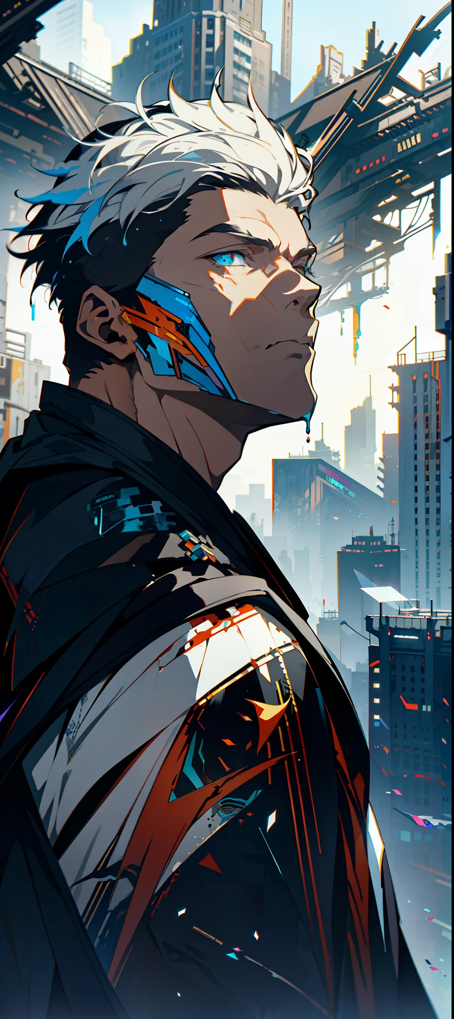 Cyberpunk male, fantasy world, dark background, clean design, epic instagram, artstation, colorful paint splatter, silhouette, hyper detailed intricate details, unreal engine, fantasy, intricate details, splash screen, complementary colors, Fantasy concept art, 8k resolution, deviantart masterpiece, oil painting, heavy strokes, paint dripping, (isolated on white background: 1.3), rainbow skin, (((handsome young man))), ((teenage:1.5) ), (glowing blue eyes), ((light eyes)), ((((short white hair: 1.1))), ((black clothes)), (prince\\(indifferent expression\\),, ( ((Wears high detail luxurious black robe))), white hair, frost magic, ((chest) --v 6