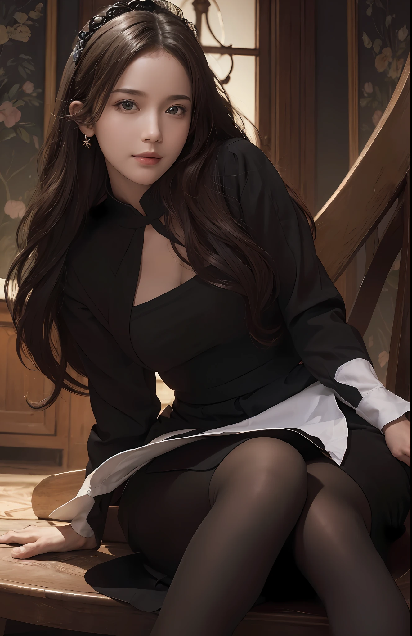 (hyperrealistic) , (illustration), (increase resolution), (8K), (extremely detailed), (best illustration), (beautiful detailed eyes), (best quality), (ultra-detailed), (masterpiece), ( wallpaper), (detailed face), solo, 1 girl, looking at the audience, exquisite details, detailed face, in the dark, deep shadow, understated, pureerosfaceace_v1, smile, long hair, straight black shawl, maid, wear shoes