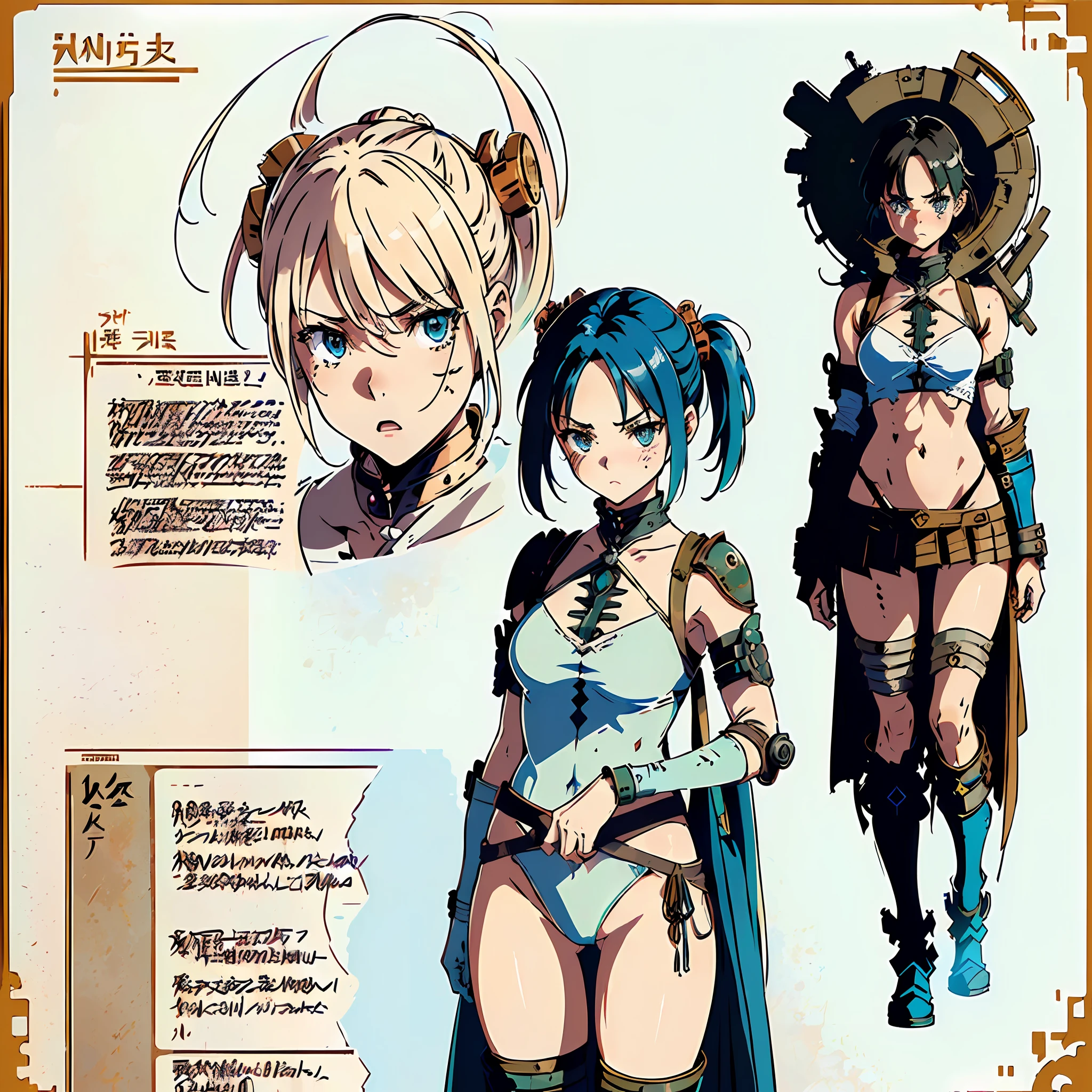 ((masterpiece))), (((best quality))), ((ultra-detailed)), ((highly detailed CG illustration)), ((extremely delicate and beautiful face)),(masked ), cinematic light, absurd clothing, 1girl, ((character sheet)), concept art, ((full-length)), (masterpiece:1.2), (best quality:1.3), (single background, white background: 1.3),( CHARACTERS OF THE POST-APOCALYPTIC WASTELAND WORLD)))), (( Characters WANDERERS RAIDERS)), ( MAD MAX concepts))))), (( beautiful face)), (( quality face)), (((beautiful anime eyes of the characters))) , ( high-quality anime eyes of the characters), ((high-quality anime pupils)), (((beautiful anime pupils)), (( beautiful shape of anime eyes)) , (( beautiful shape of anime pupils)), (( all faces with anime eyes)), ( simple anime eyes of the characters)))) ( bare skirt))) (( without panties)) , pose for the concept of the character, ((((( post-apocalyptic wastelands)))), crossout frenzied, bright hair, very torn clothes, ((( extremely embarrassed face))), ((( excited face))) ,((((character of the post-apocalypse world))) , (((sheet - pkrchonage))), ((( detailed development of the concept of the character))) , (page design)) , (different emotions))