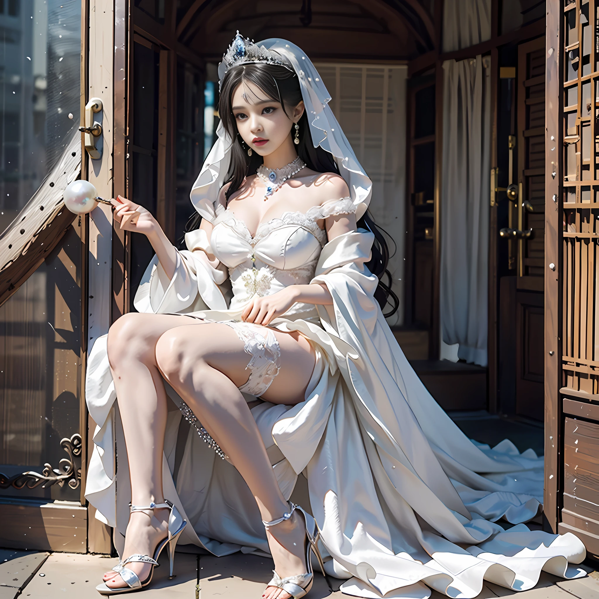 Fallen princess, pulling a rickshaw, vigorous royal pearl jewelry, princess crown, light white light evening dress, pearl high heels, long white stockings, stilet heels, big breasts, white skin, 8k, humiliated, spurned