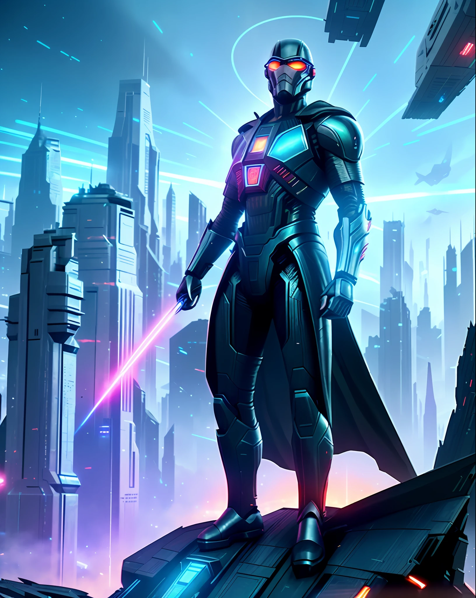 A fight scene (war), Artificial Intelligence, Cyberspace, many android fighting, firing futuristic weapons, in a futuristic city (city of artificial intelligences), artificial intelligence codes, strong lights wings, with flying cars, shooting with their futuristic weapon rays of neon blue lights,