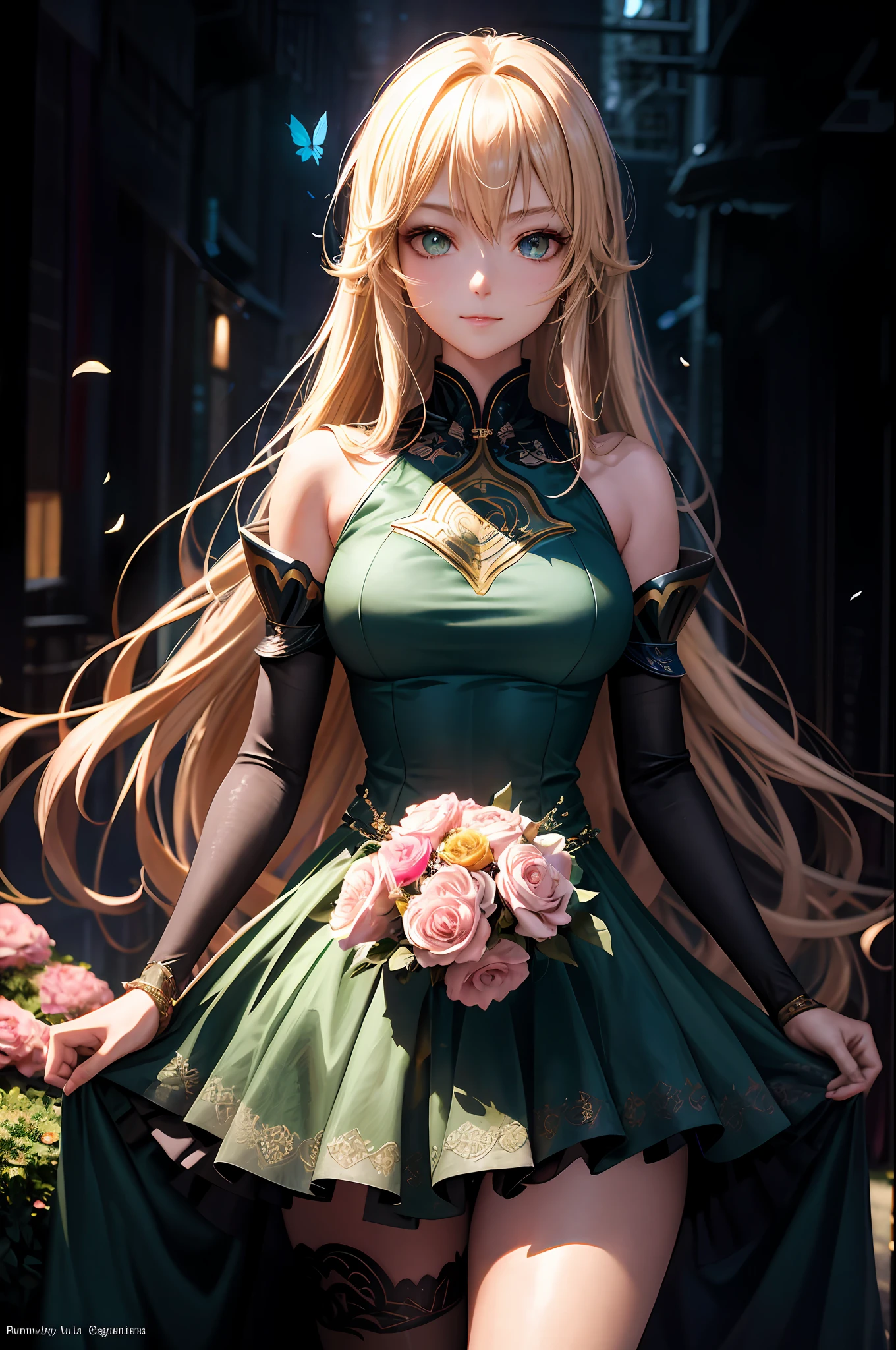perfect anatomy, great anatomy, good anatomy, precise anatomy, 1 girl with shoulder-length brown hair, sparkling green eyes, wearing a vibrant pink sundress, detailed beautiful face with a playful smile, holding a bouquet of colorful flowers, standing in a blooming garden with butterflies fluttering around her, sunlight filtering through the leaves, highly detailed exquisite fanart, Guweiz on ArtStation Pixiv, Guweiz in Pixiv ArtStation, trend in ArtStation Pixiv, portrait Knights of Zodiac Girl, detailed digital anime art, anime fantasy illustration, digital anime art, digital anime illustration, anime style illustration, perfect eyes, realistic eyes, Beautiful eyes, beautiful eyes, beautiful lighting, hot lighting, cinematic shooting