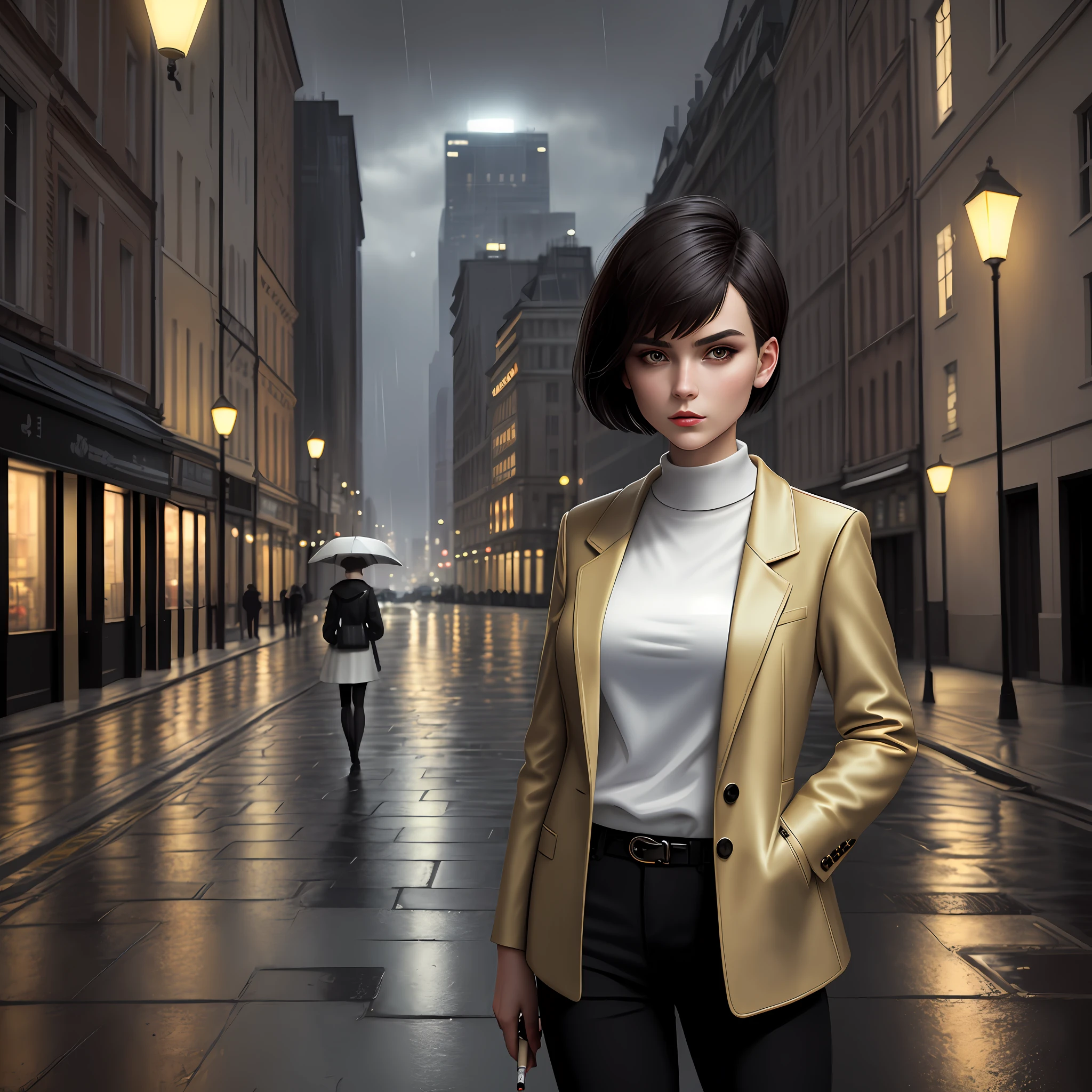 Masterpiece, Best quality, beautiful 1 girl brutal appearance, solo, short hairstyle, dressed in fashionable clothes, thoughtful look to the side, European appearance, European face and eyes, standing and lighting a cigarette, unusual viewing angle, background cloudy city, raining