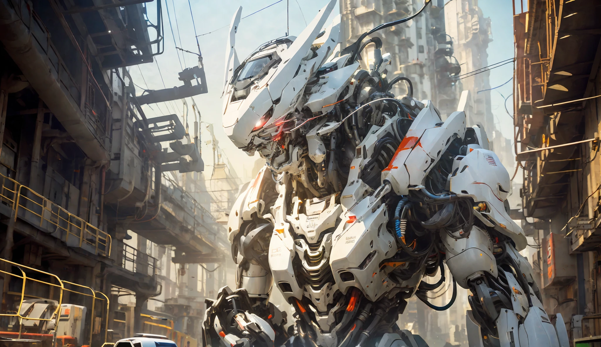 woman inside a huge bulky exoskeleton robot , ((bulky)) armor, mecha, ink, clean lines, negative space, high contrast, gradient color,(((masterpiece))), ((best quality)), (ultra-detailed), (CG illustration), (an extremely devious and beautiful)), cinematic light, ((mechanical girl)), single, (machine-made joints: 1.4), ((mechanical limbs)), ( blood vessels attached to the tube), ((mechanical cervical vertebrae attached to the neck), (wires and cables attached to the head and body: 1.5), city ruin scenery, dynamic pose, dynamic light, white and red color, dawn time, dawn light, dawn scenery