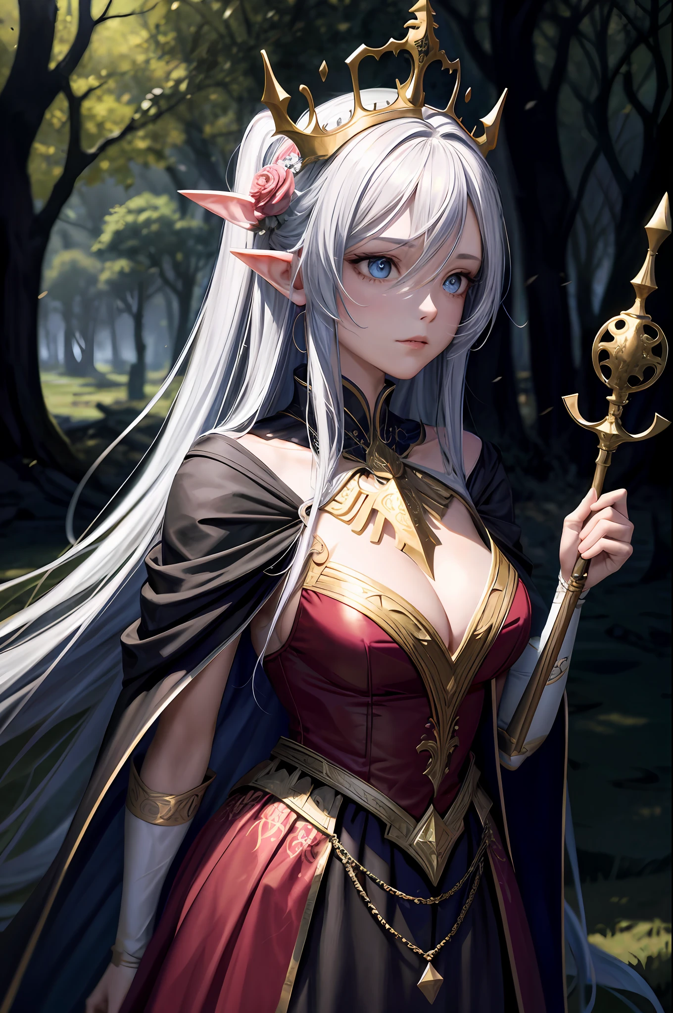 anatomia perfeita, grande anatomia, boa anatomia, anatomia precisa, 1 girl with long flowing hair adorned with a crown of flowers, wearing an elegant gown in rich jewel tones, detailed beautiful face with a serene expression, holding a magical staff with intricate carvings, standing in a mystical forest with ancient ruins peeking through the trees, a gentle breeze causing her cloak to flutter, surrounded by mythical creatures like unicorns and fairies, transporting you to a world of enchantment and wonder, fanart requintada altamente detalhada, Guweiz em ArtStation Pixiv, Guweiz em Pixiv ArtStation, tendência em ArtStation Pixiv, retrato Knights of Zodiac Girl, arte de anime digital detalhada, ilustração de fantasia de anime, arte de anime digital, ilustração de anime digital, ilustração de estilo anime, perfect eyes, realistic eyes, Beautiful eyes, iluminação bonita, iluminação quente, tiro cinematográfico