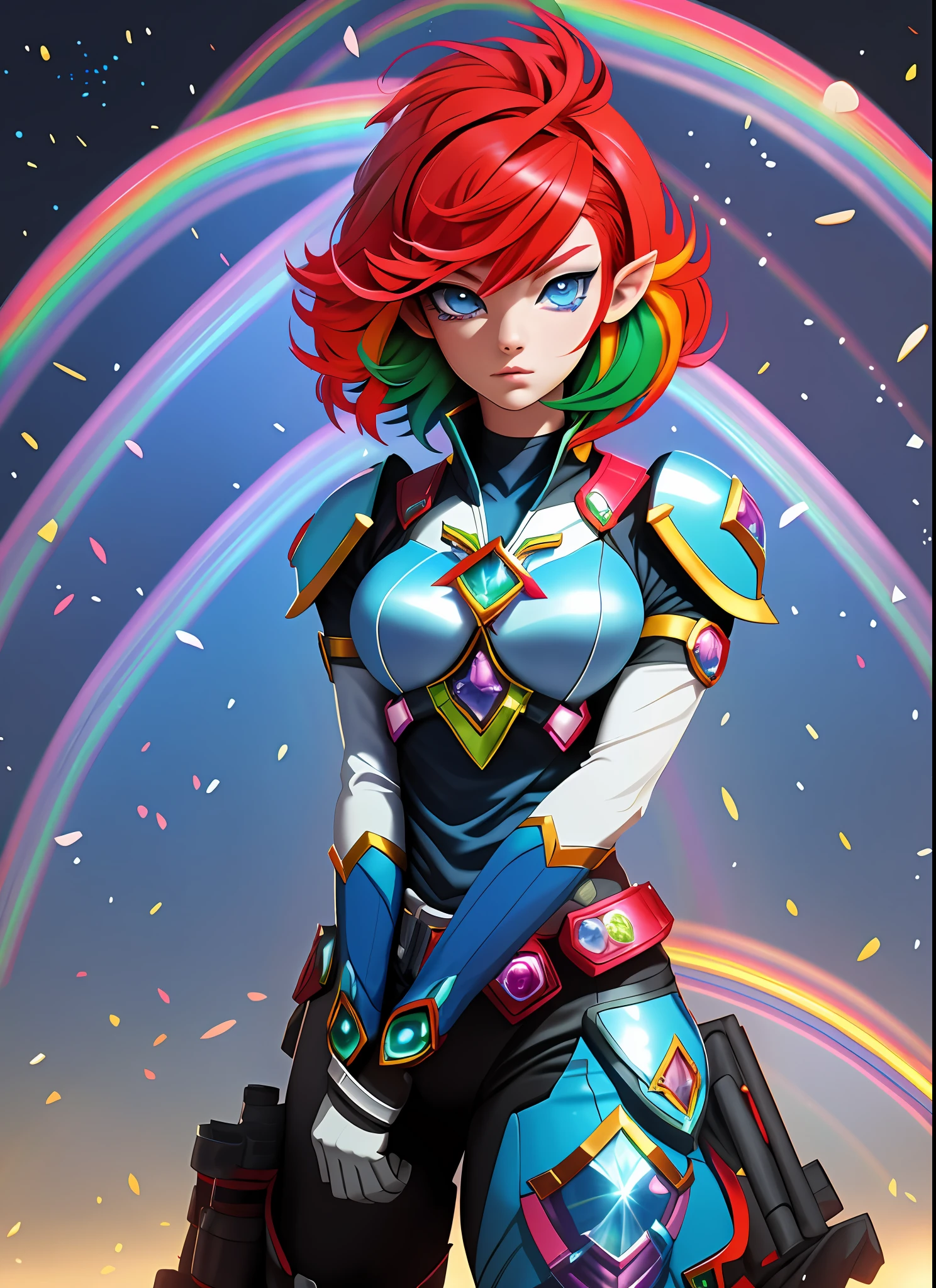 1 Princess Zelda as Kamen Rider/Futurist, giant breasts, costume extremely tight on her body, staring at the viewer, facing forward, kamen rider kingstone belt with a red circle with spinning lights, she has (short rainbow hair:1.9, blue eyes:1.9), helmet helmet, closed hands, fists up, she is on a battlefield with several monster bodies lying on the ground, she is in battle position, Tokusatsu, Kamen Rider, determined, anger vein, makeup, anime, 16k, highres, high quality, super detail, masterpiece, UHD, ccurate