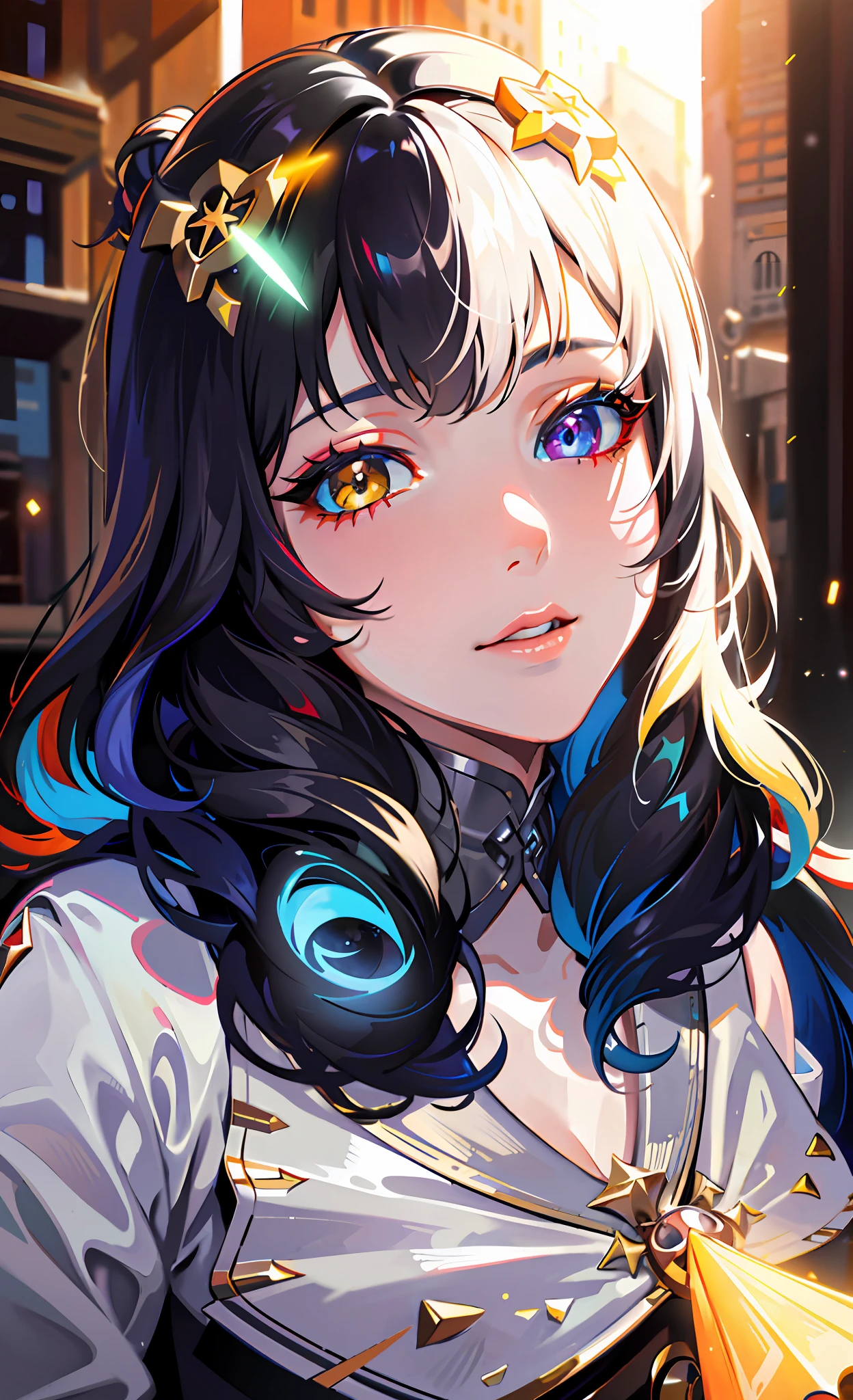 {{masterpiece}}, best quality, extremely detailed CG unity 8k wallpaper, cinematic lighting, lens flare, beautiful detail eyes, black, side glance, multicolor hair, colorful light, particles, heterochromia, (colorful:1.5), (colorful hair:1.5),