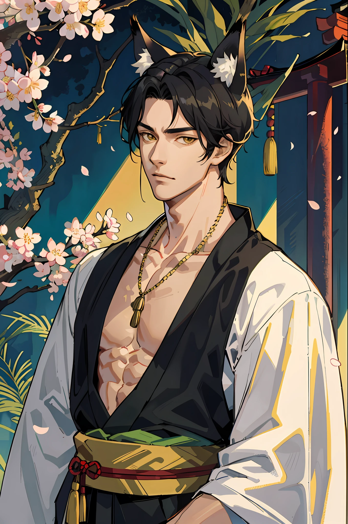 masterpiece, best quality, solo, adult, tall muscular, handsome, finely detailed eyes and detailed face, intricate details, upper body:1.2, cherry blossoms, japanese clothes, extravagant kimono, black hair, yellow eyes, kitsune, black fox ears (animal_ear_fluff), (looking_at_viewer), animal_ears, (hair_ornament) attached to ears, adult, mature, aged up, tall muscular guy, broad shoulders, handsome, exposed chest, loose clothes, japanese shrine background, dappled sunlight, day, plants, summer, depth of field, extremely detailed face, fantasy, mythology, magical forest, abs