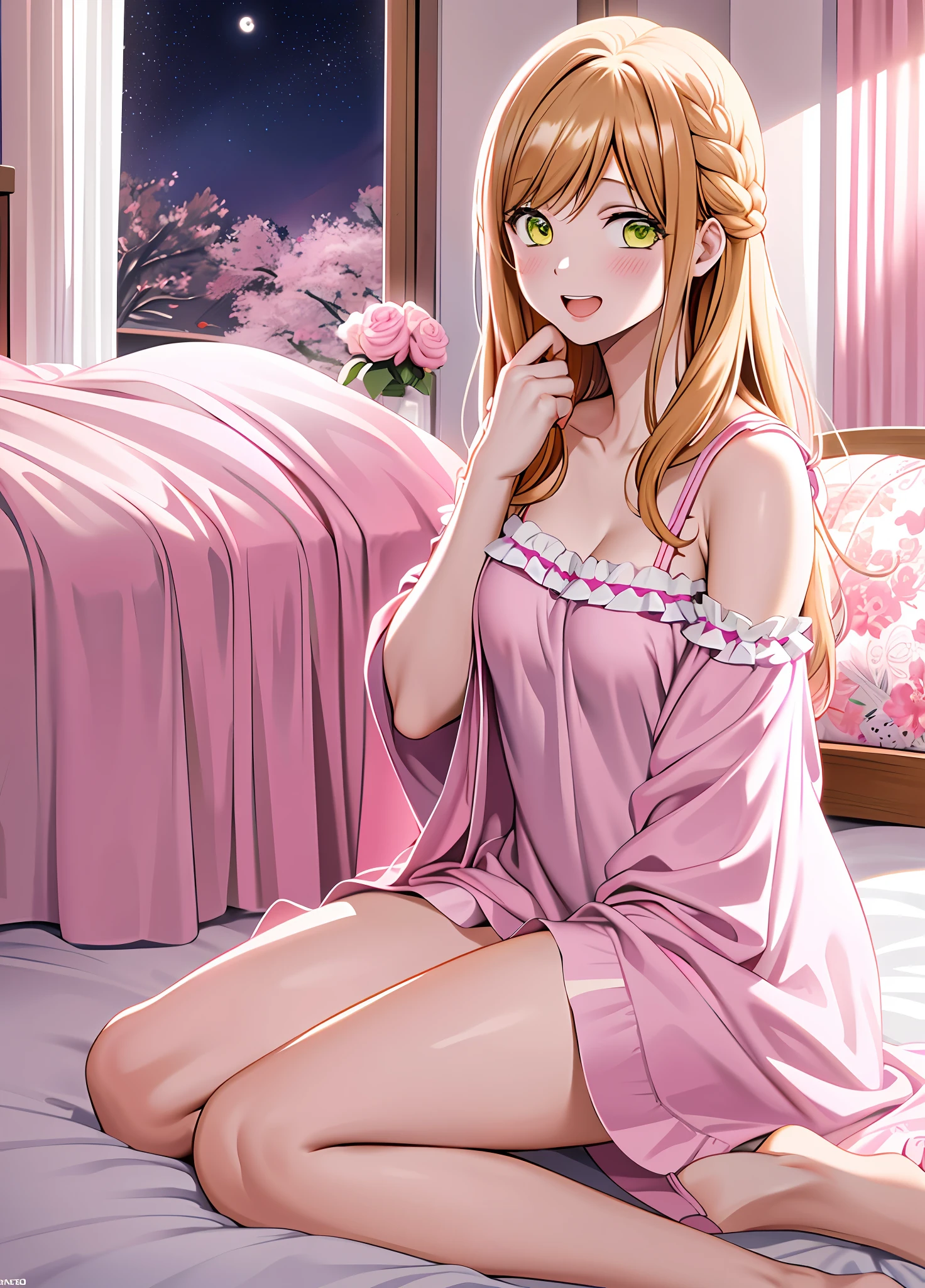 masterpiece, Best quality, Akane Kinoshita, One, College girl, Happy, Open mouth, Upper teeth, Barefoot, From the side, ((((Pink Sukesuke Nightgown)))), (Blue Bra,Panties))),Away from Shoulders, Lying in bed, Night, Window, Bed, Room, Room