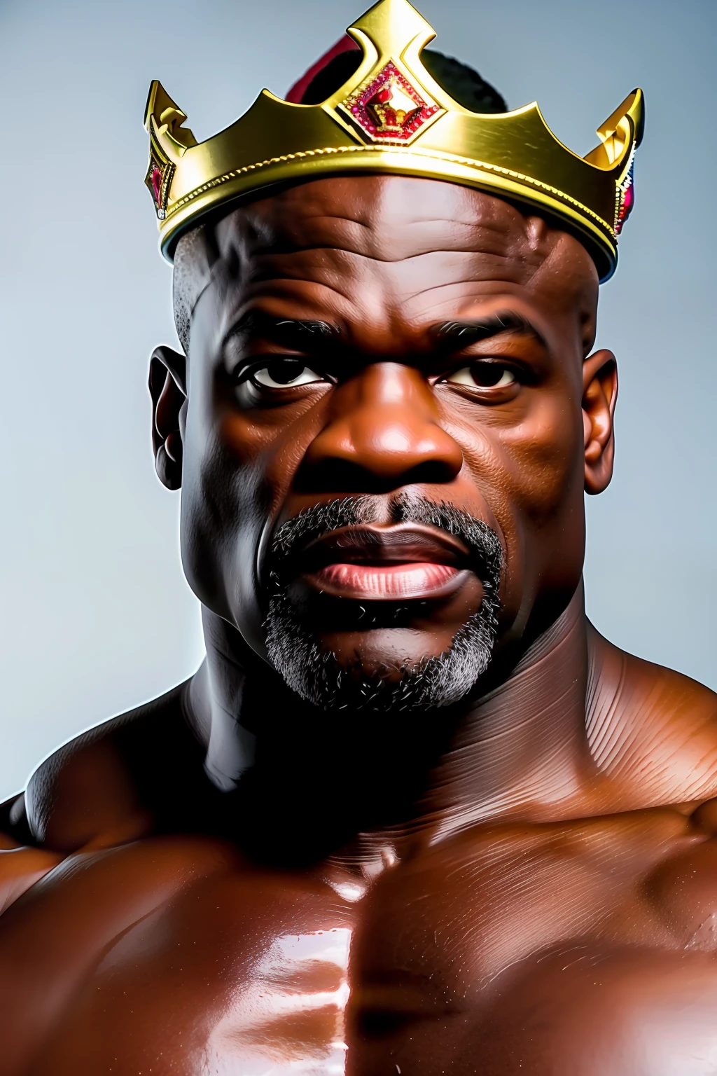 good hand, 4k, high resolution, masterpiece, best quality, head: 1.3, fine skin detail, sharp focus, background a gym, (cinematic lighting), morning, soft lighting, front angle, [: (detailed face: 1.2): 0.2], full face portrait photo ronnie coleman , (with a king's crown on his head), black man , bald , super muscular, clean face without hair