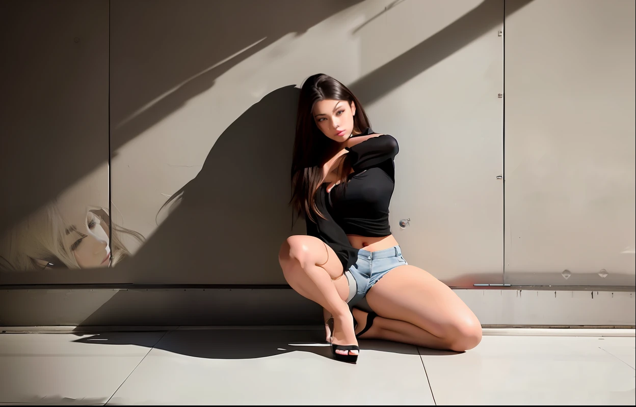 There is a woman sitting on the floor with her head on her knees, modeling photography, solo photo shoot, very seductive pose, attractive pose, stunning, modeling photography, gorgeous woman, photo shoot, beautiful model, stunning woman, relaxing pose, leaning against wall, fashion model photography, stylish pose, seductive pose, stunning elegant pose, beautiful pose Very sexy pose, face facing down, being in your own room,
