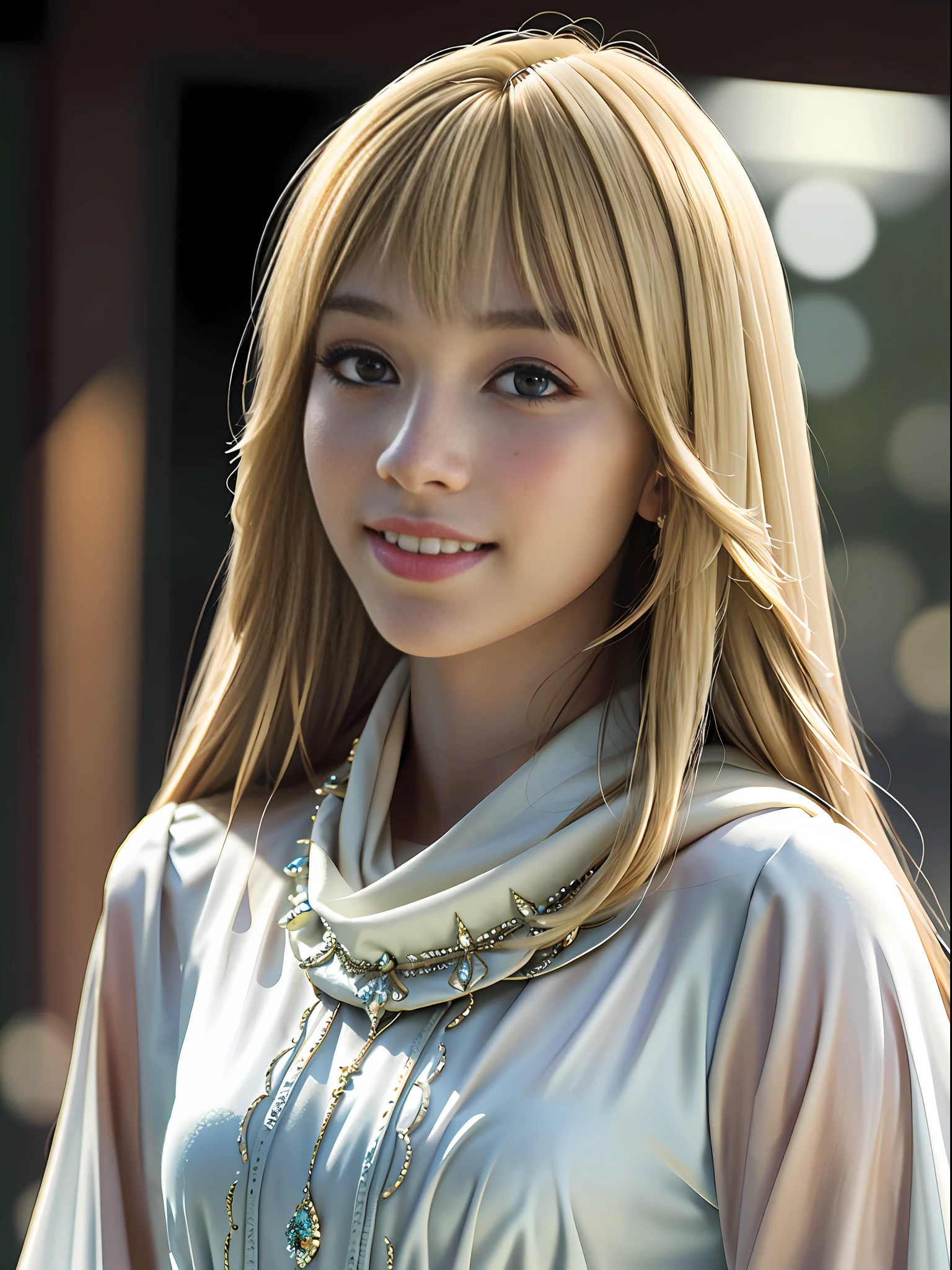 (hyperrealistic) , (increase resolution), (8K), (extremely detailed), (best illustration), (beautiful detailed eyes), (best quality), (ultra detailed), (masterpiece), ( wallpaper), (detailed face), solo, 1 girl, white girl, looking at the audience, exquisite details, detailed face, in the dark, deep shadows, understated, pureerosfaceace_v1, smile, long hair, straight hair with blonde shawl, 46-point slanted bangs,