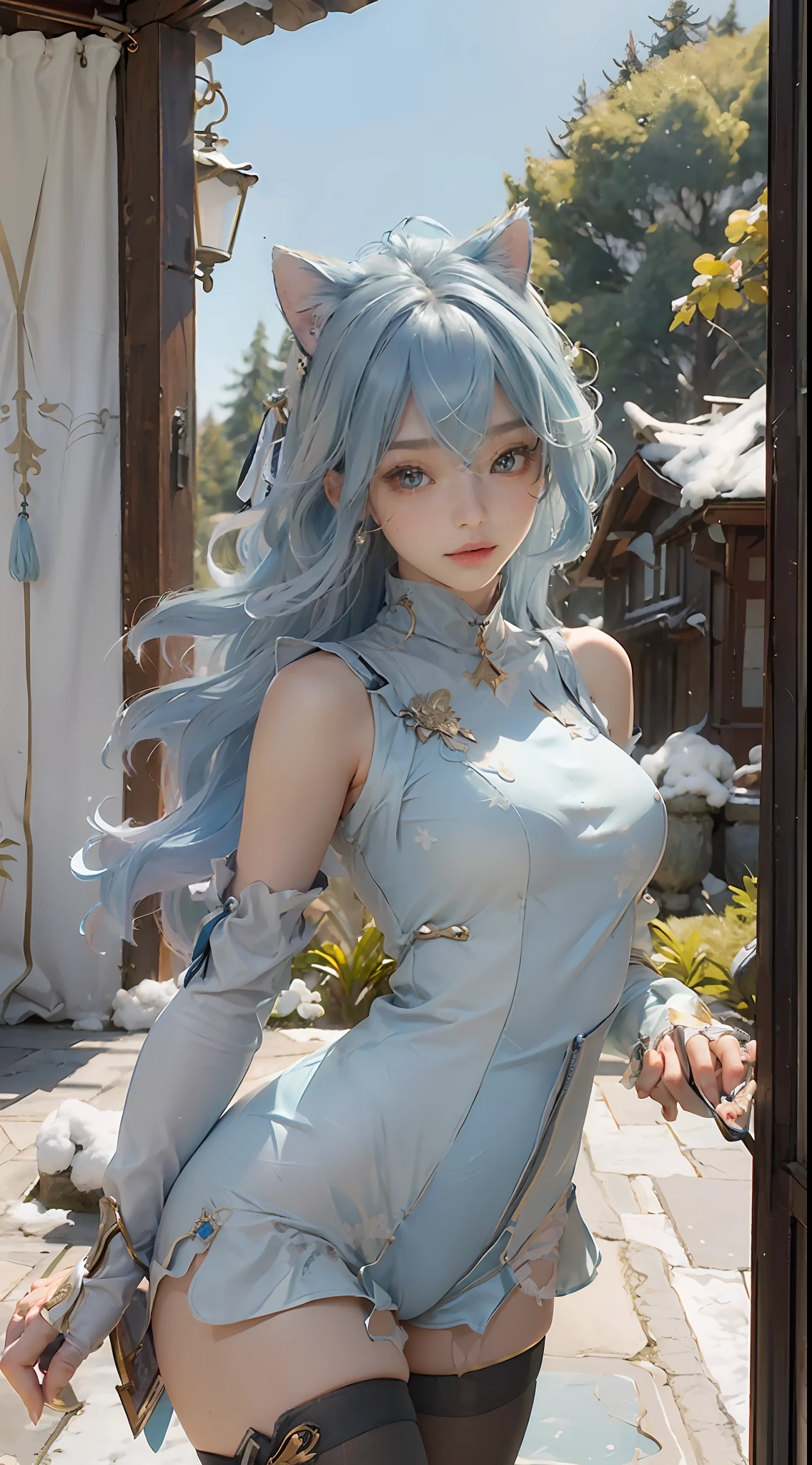 ((Best Quality)), ((Masterpiece)), (Details: 1.4)((Masterpiece, Best Quality)), (1 Girl), ((Mature Female)), Light Blue Hair, Thighs and Thighs, Headbands, Thighs, Long Sleeves, Gloves, Bangs, Deep Golden Eyes, Medium Hair, Tights, Hair Accessories, Black Headbands, Shoulder Cutouts, Black Thighs and Thighs, Blue Tie, (Room: 1.2), (Plump), Armpits, Tied Hair, Curves, , Confidence, [Wide Buttocks], Snow, Natural, Eula\ (Genshin Shock\), POV, cat ears