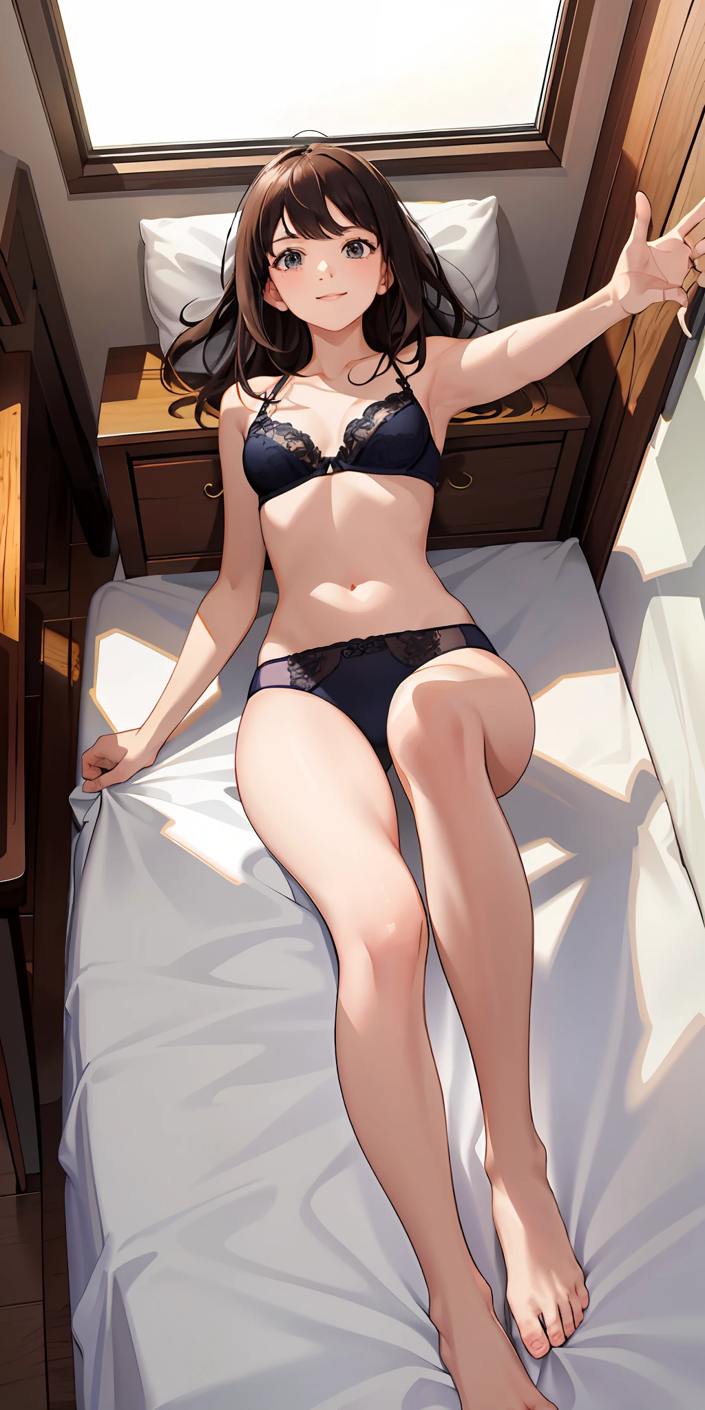 Masterpiece, top quality, high resolution, solo, small, indoors, misaligned bra, t-back, (reach: 1.2), lying down, from above, arms outstretched, smile, bed, disheveled underwear, rough breath, sexual expression invite