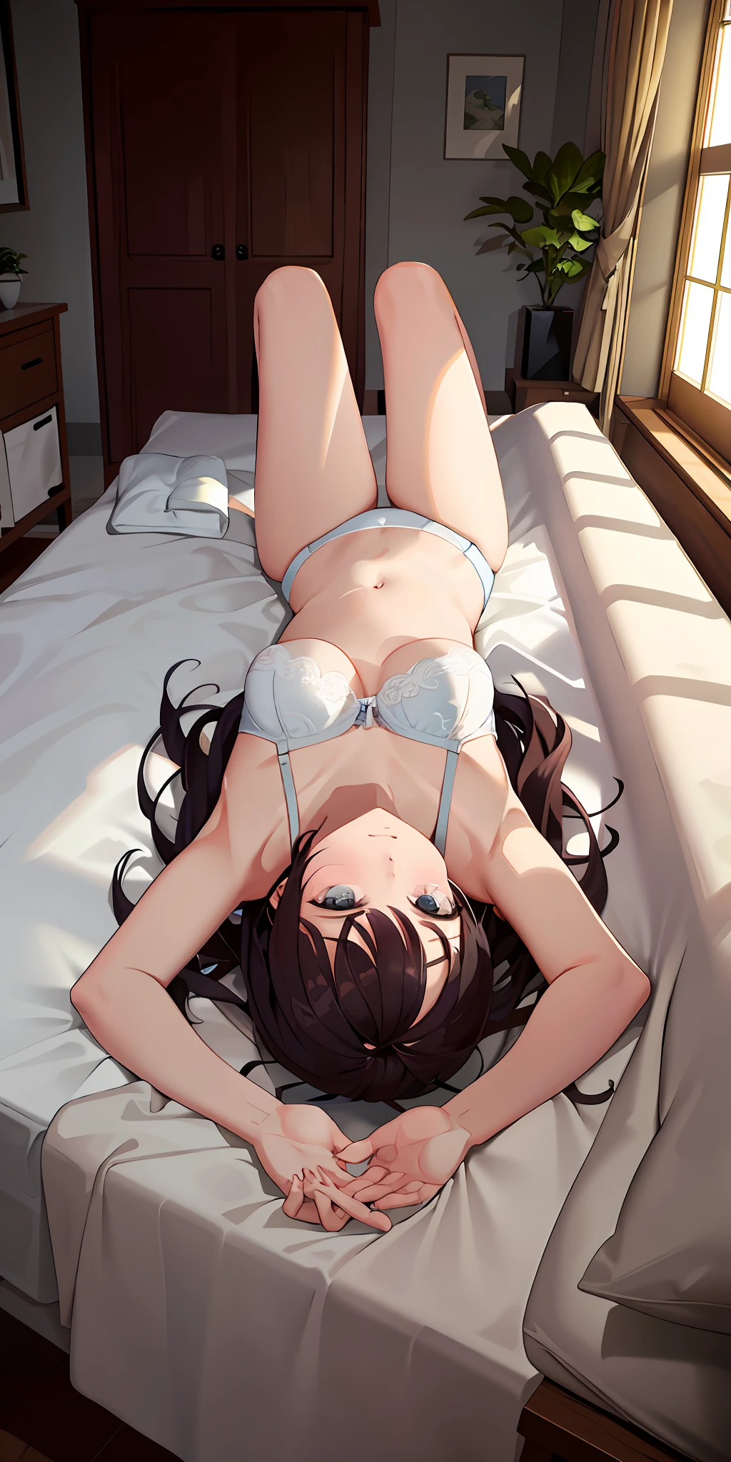 Masterpiece, top quality, high resolution, solo, small, indoors, misaligned bra, t-back, (reach: 1.2), lying down, from above, arms outstretched, smile, bed, disheveled underwear, rough breath, sexual expression invite