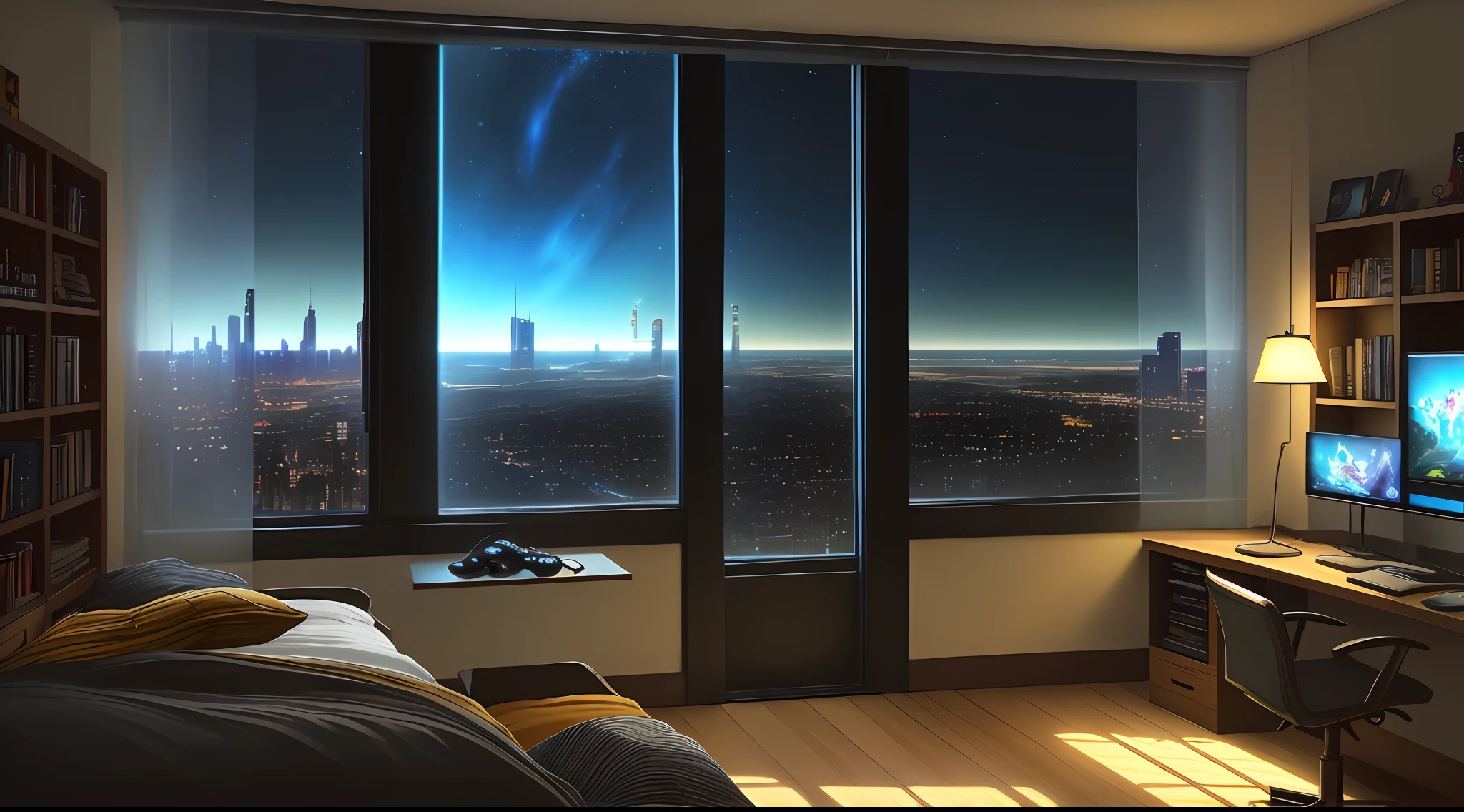 The large glass windows of a gamer's room at night offer an incredible view of the illuminated city. The lights of the streets and buildings shine like stars in the night sky, creating a magical and inspiring environment. The gamer's room is decorated with a gaming theme, with game posters on the walls and a bookshelf full of games and consoles. with an amazing view large transparent glass windows