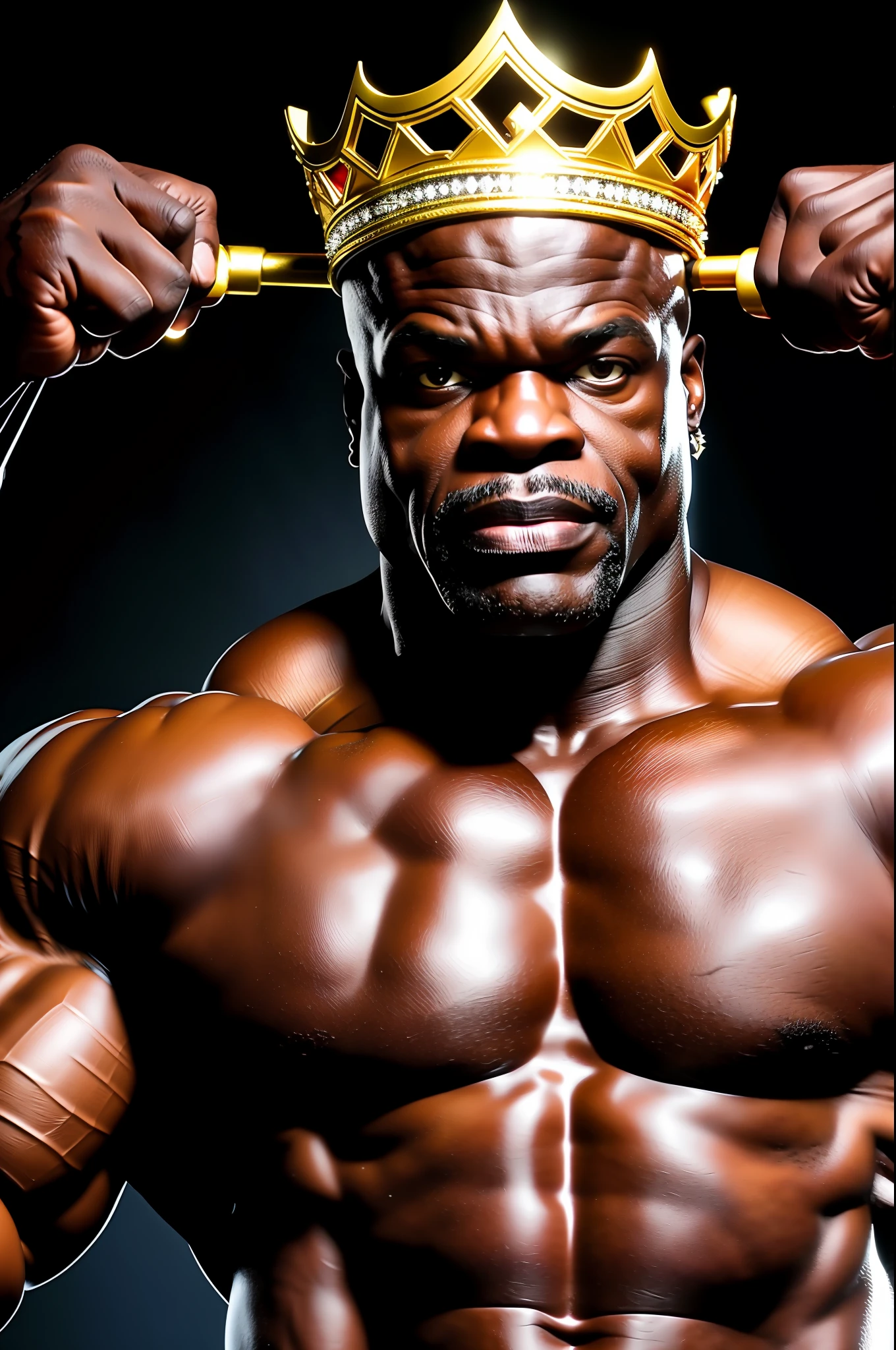 good hand, 4k, high resolution, masterpiece, best quality, head: 1.3, fine skin detail, sharp focus, background a gym, (cinematic lighting), morning, soft lighting, front angle, [: (detailed face: 1.2): 0.2], full face portrait photo ronnie coleman , (with a king's crown on his head), black man , bald , super muscular, clean face without hair