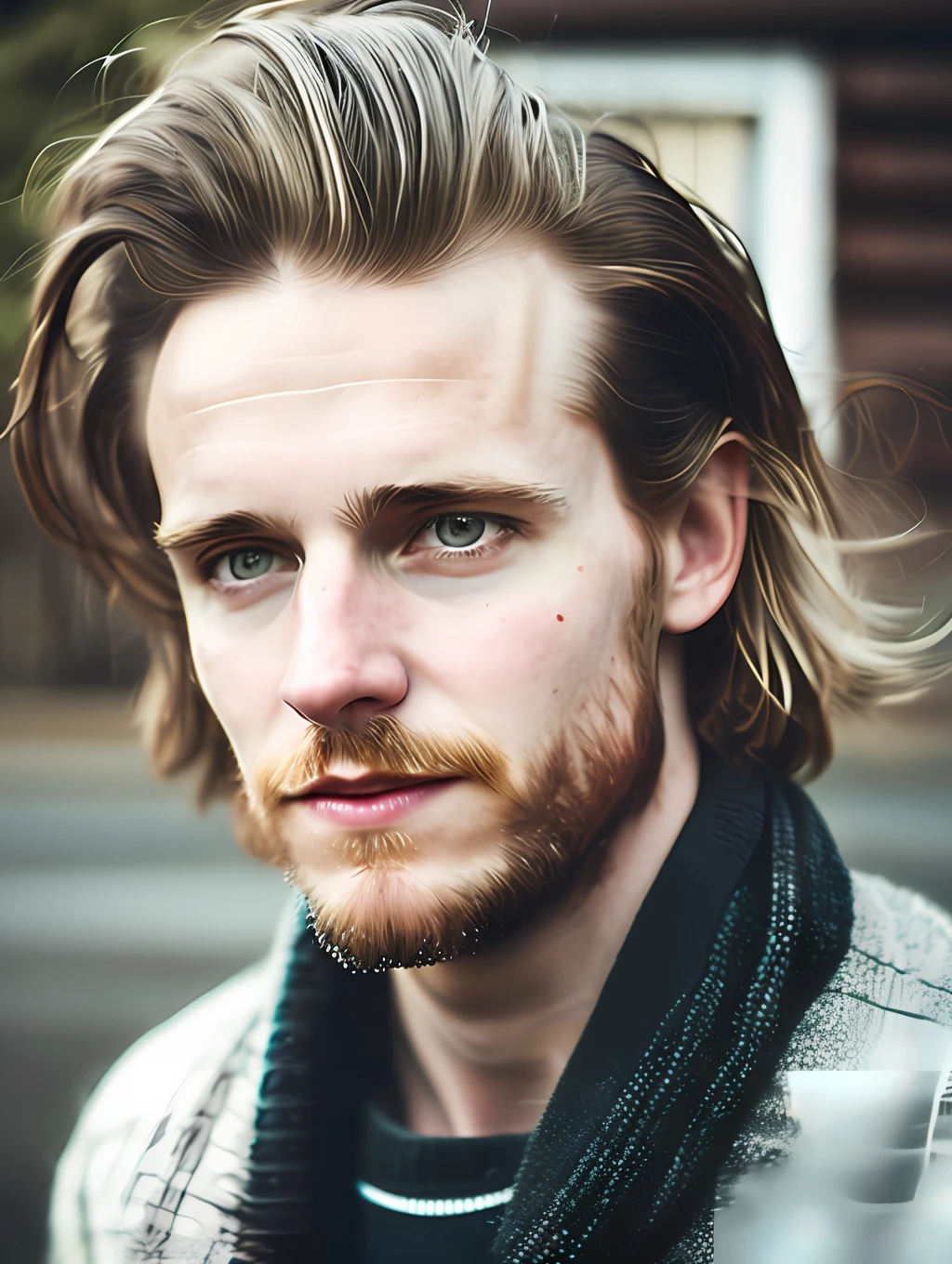 An insanely handsome nordic man, messy windy hair, macro lens, headshot photography, documentary photography, hyper realism, dreamy glow, hipster