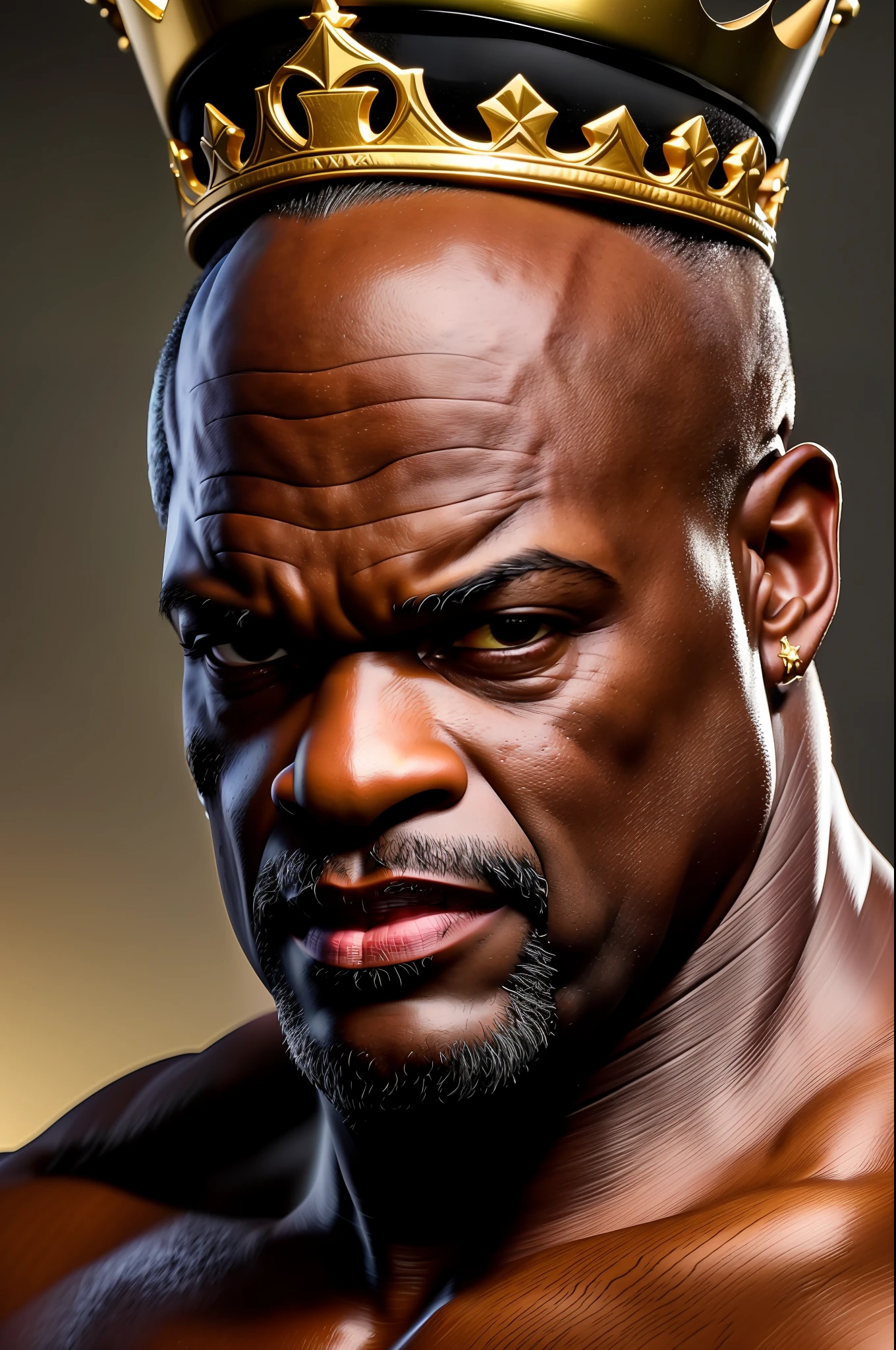good hand, 4k, high resolution, masterpiece, best quality, head: 1.3, fine skin detail, sharp focus, background a gym, (cinematic lighting), morning, soft lighting, front angle, [: (detailed face: 1.2): 0.2], full face portrait photo ronnie coleman , (with a king's crown on his head), black man , bald , super muscular, clean face without hair