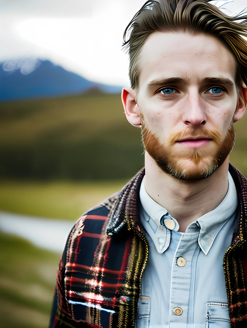 An insanely handsome nordic man, messy windy hair, macro lens, headshot photography, documentary photography, hyper realism, dreamy glow, hipster, looking at the viewer