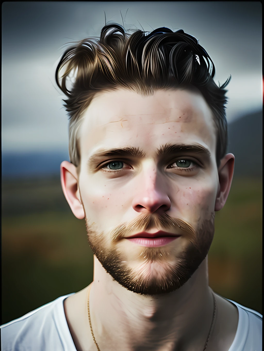 An insanely handsome nordic man, messy windy hair, macro lens, headshot photography, documentary photography, hyper realism, dreamy glow, hipster, looking at the viewer