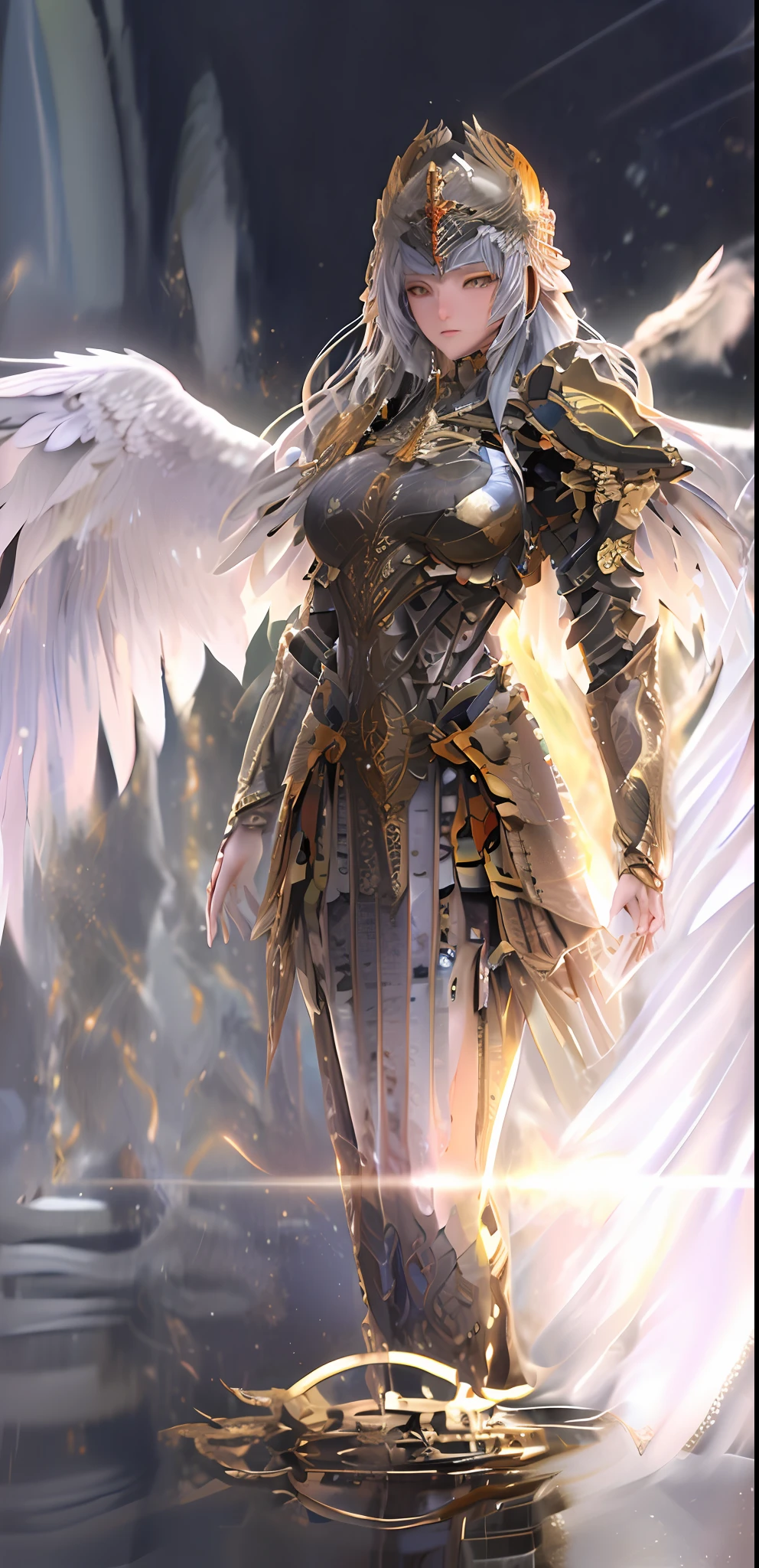A woman with wings stands in the room in the image of Araf, dressed in golden angel armor, like a mysterious Valkyrie. Featuring a detailed style of 2.5D CGI anime fantasy artwork, the angel gold armor flashes to create a majestic angel image all over the body. At the same time, it is presented as an angel knight gothic girl, with winged archers and other angles and displays. The entire 4K detail fantasy scene is magnificent and epic.
