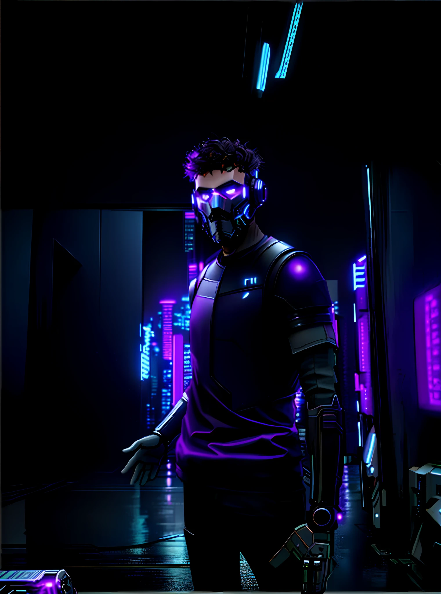 FUTURISTIC BACKGROUND, HIGH QUALITY, 4K, CYPHERPUNK ARMOR, MATTE BLACK AND PURPLE, CINEMATIC SCENERY