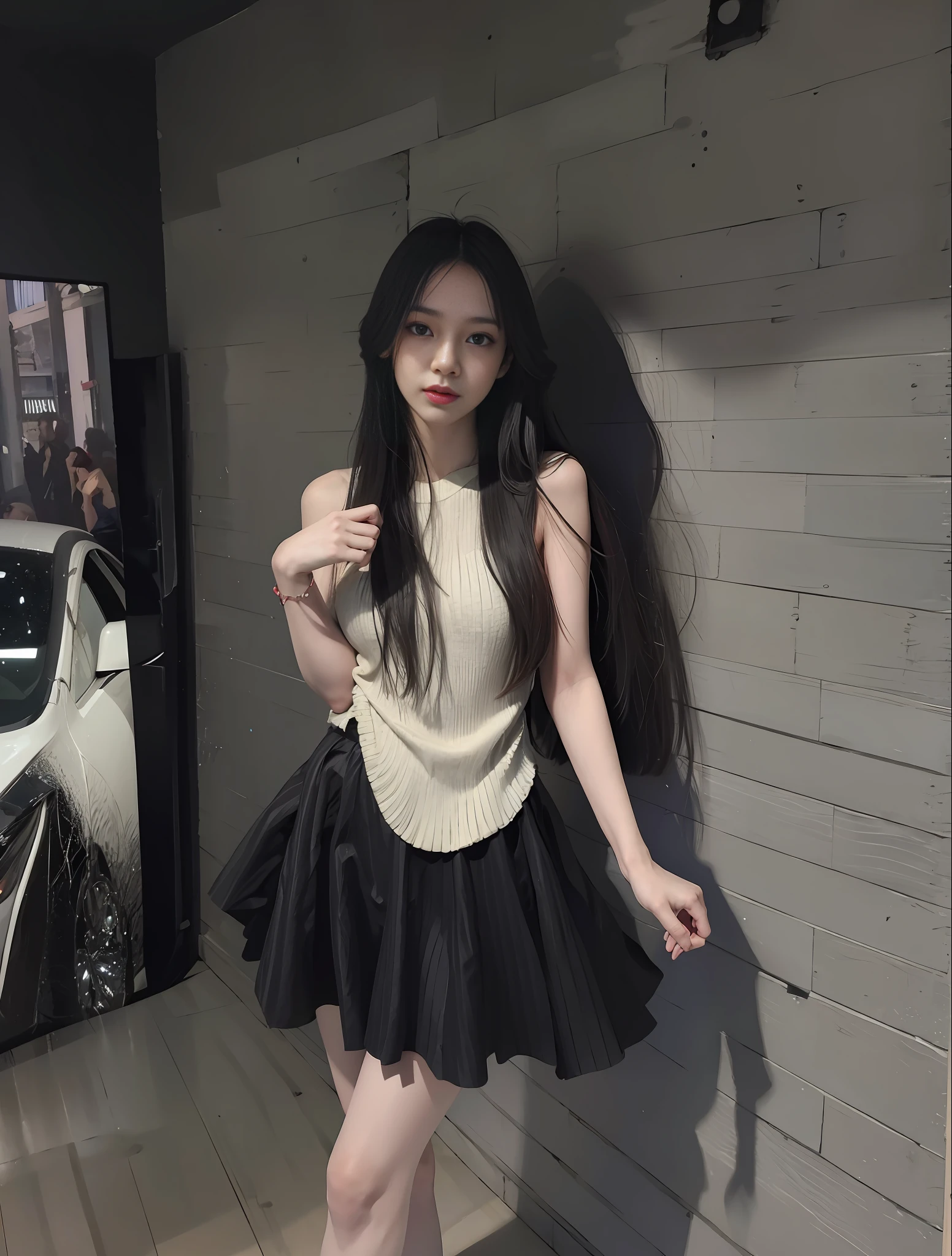 young girl, long hair realistic, vivid image, masterpiece, (best quality: 1.2), hyper detail, realistic, hd, high quality, cinematic light, ray tracing, ultra high resolution, uhd, (ultra lifelike: 1.5,), complex detail, detailed texture, fine detail, high quality shadows, beautiful skirt, full body, standing, panties walking, sexy pose, seductive pose, thin hips, long legs, small chest.