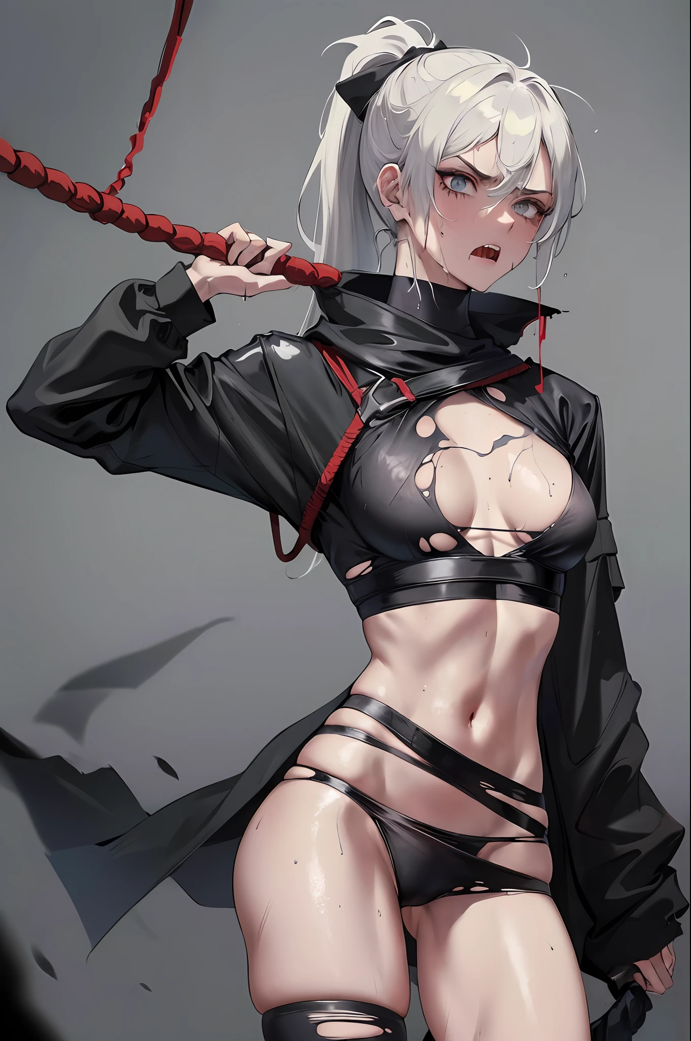 Prisoner of war, ninja, ponytail, black mask, medium breasts, torn clothes, cloth wrapped around chest, restraint, angry, slanted eyes, rope, wet with milk, wet with saliva, wet all over Yes, wet crotch, wet thighs, watery eyes, shy