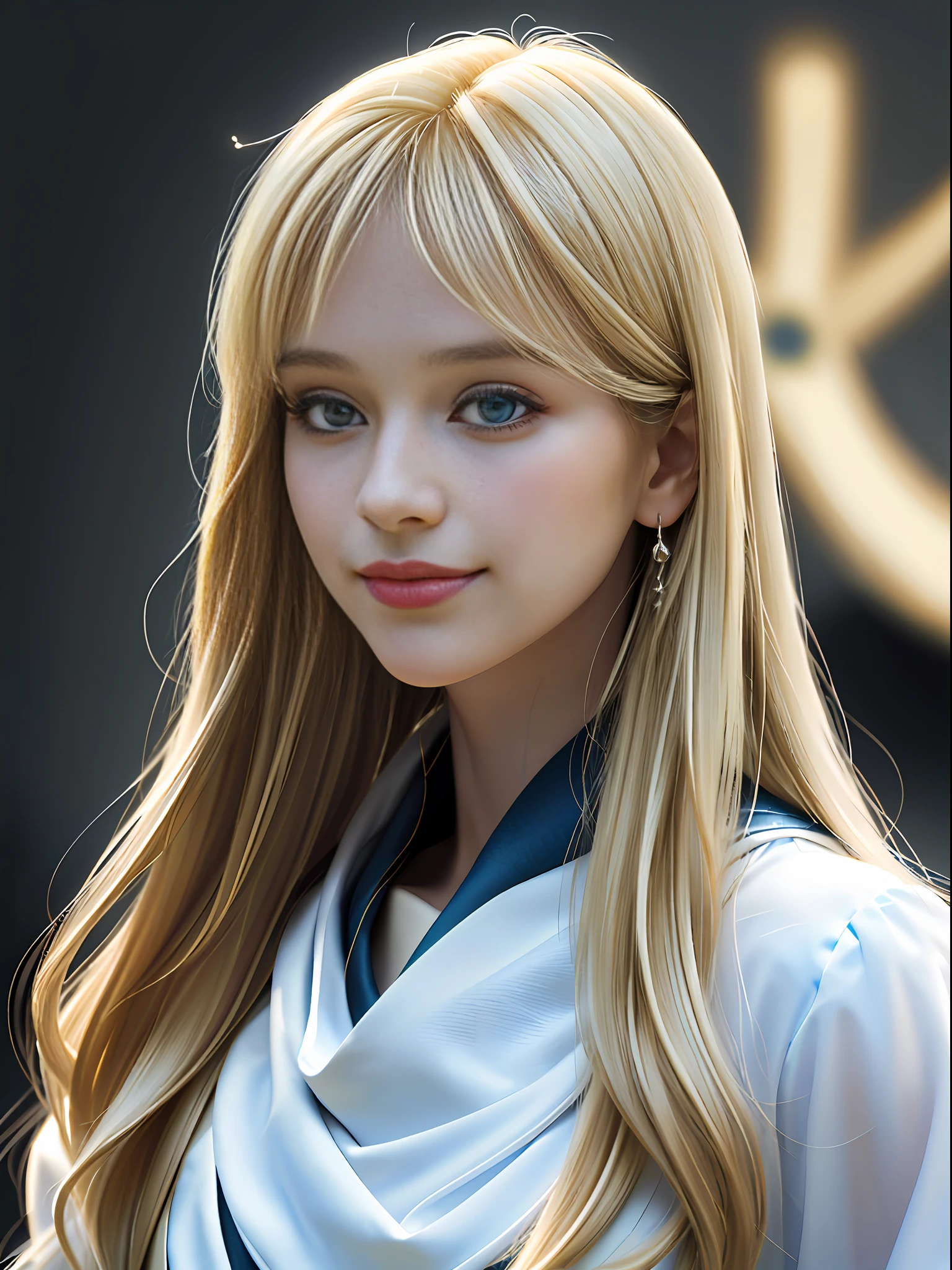 (hyperrealistic) , (increase resolution), (8K), (extremely detailed), (best illustration), (beautiful detailed eyes), (best quality), (ultra detailed), (masterpiece), ( wallpaper), (detailed face), solo, 1 girl, white girl, looking at the audience, exquisite details, detailed face, in the dark, deep shadows, understated, pureerosfaceace_v1, smile, long hair, straight hair with blonde shawl, 46-point slanted bangs, Blue eyes